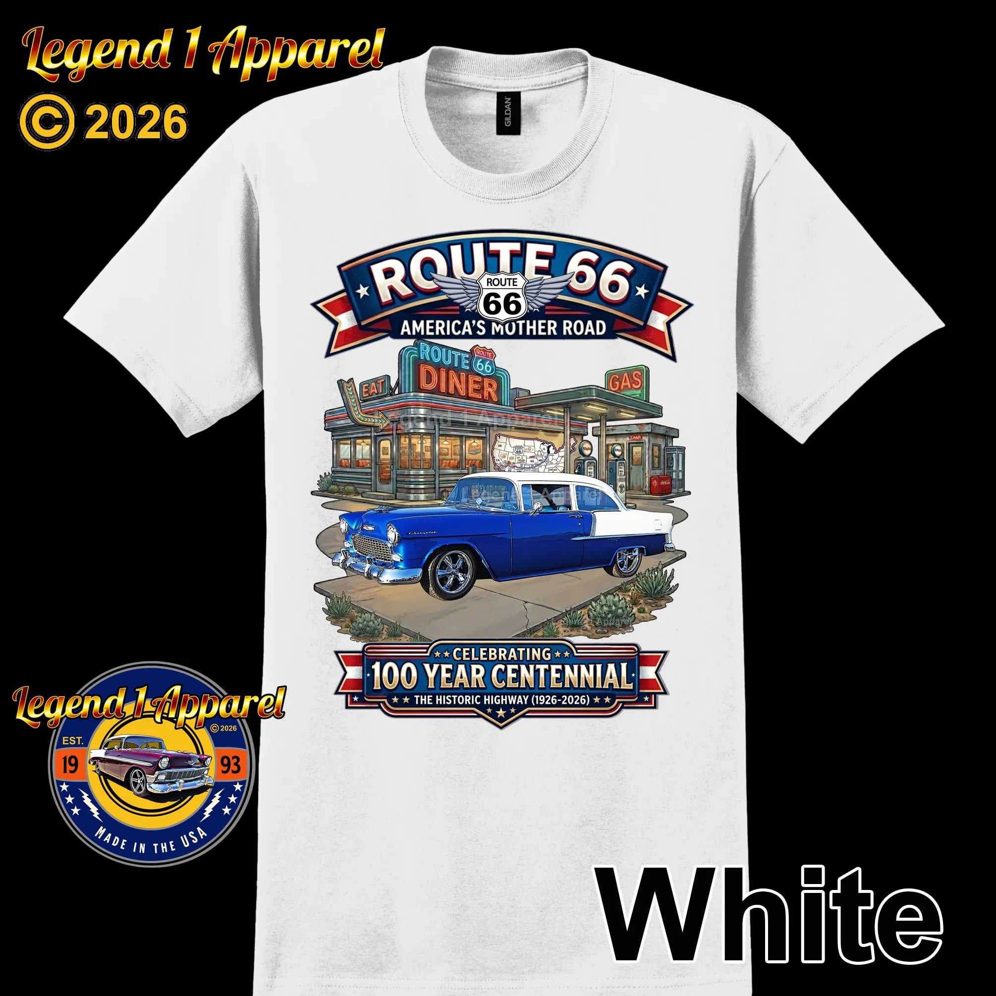1955 Chevrolet Bel Air Coupe Classic Car Graphic Tee – Route 66 Centennial T-Shirt