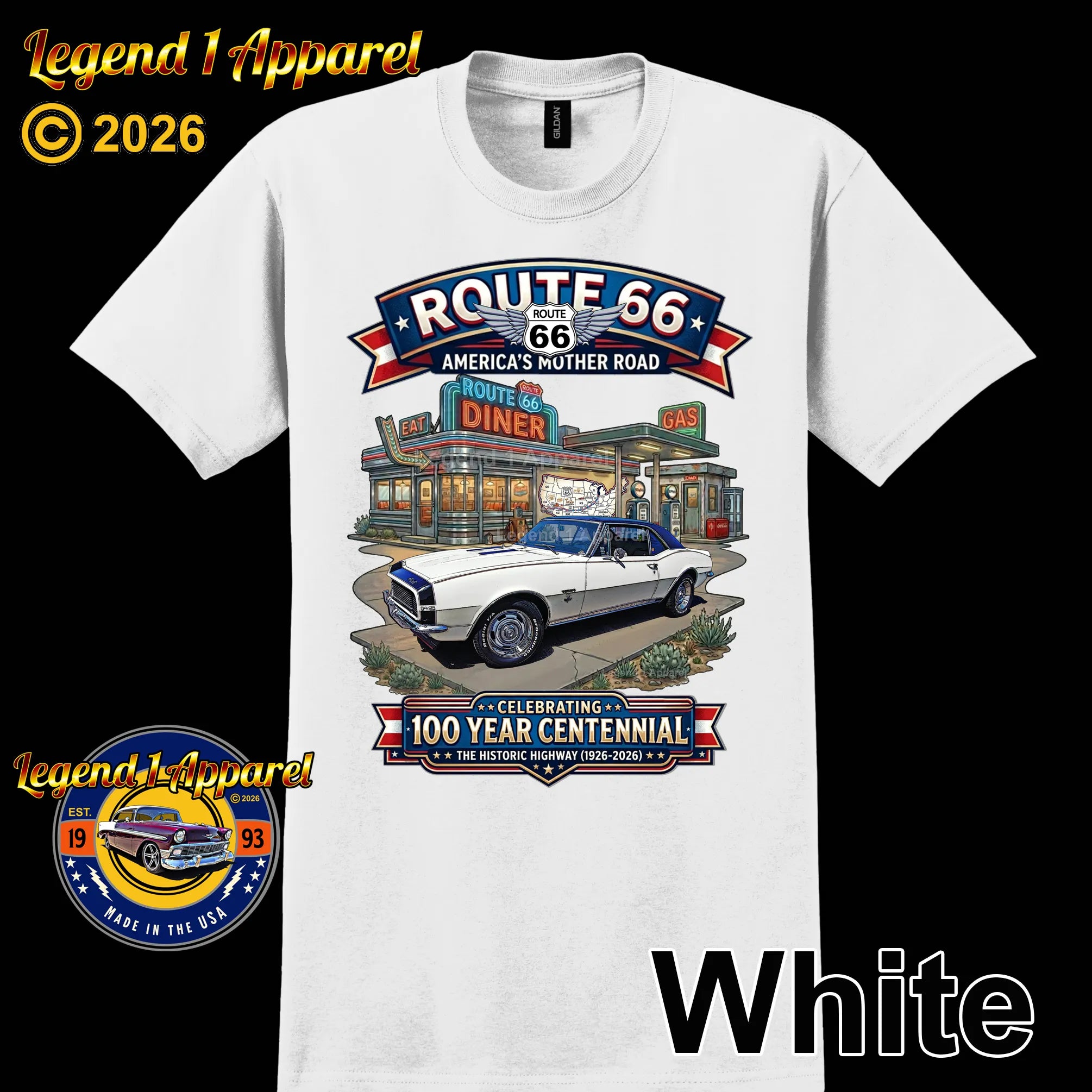 1967 Chevrolet Camaro Classic Car Graphic Tee – Route 66 Centennial T-Shirt