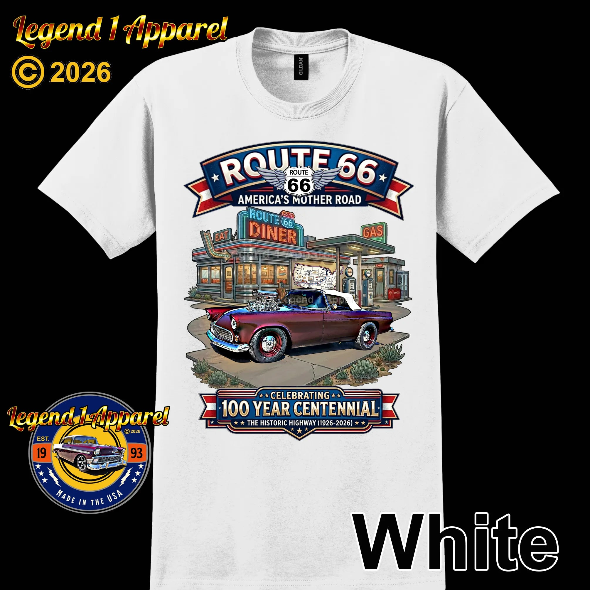 1955 Ford Thunderbird Classic Car Graphic Tee – Route 66 Centennial T-Shirt