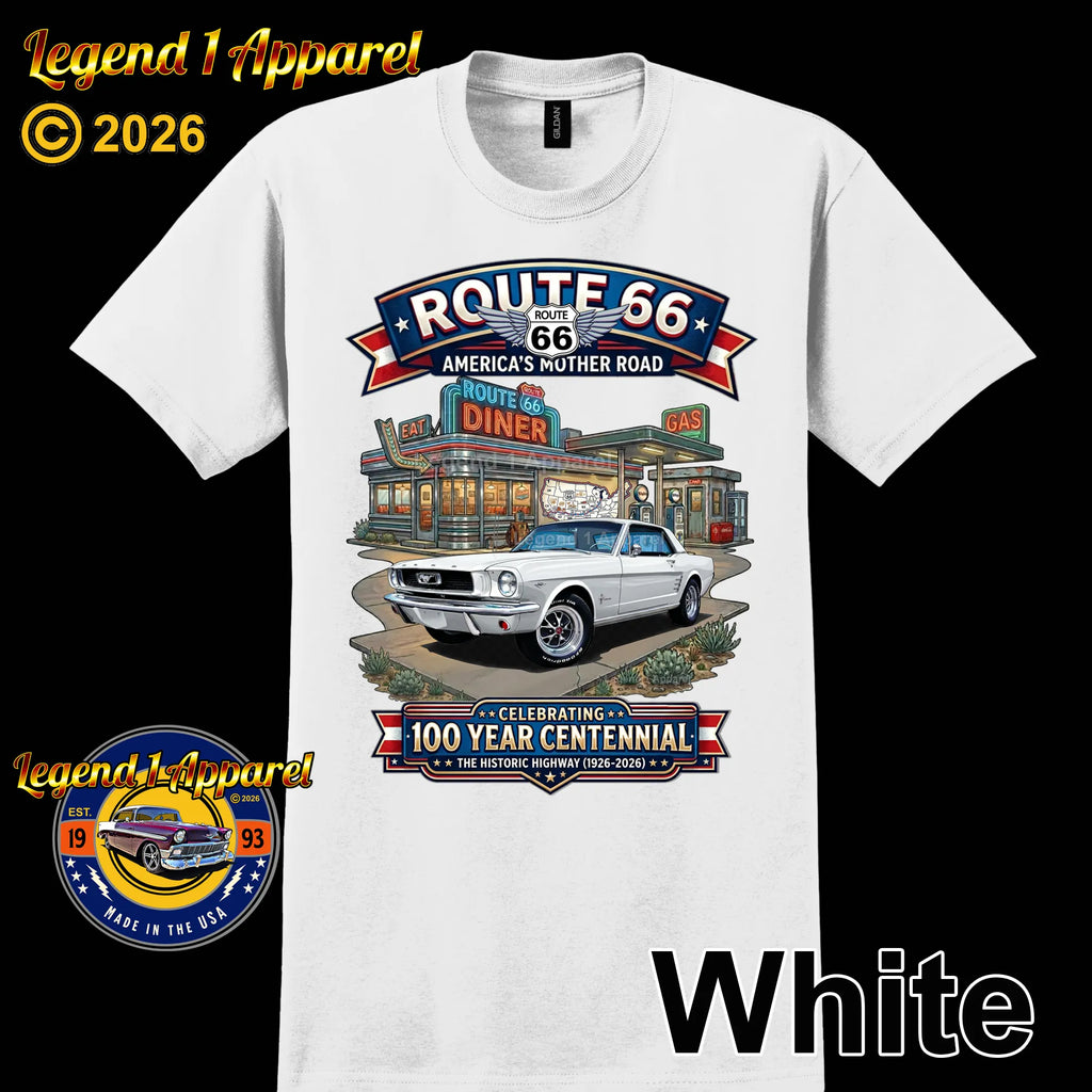 1966 Ford Mustang Hardtop Classic Car Graphic Tee – Route 66 Centennial T-Shirt