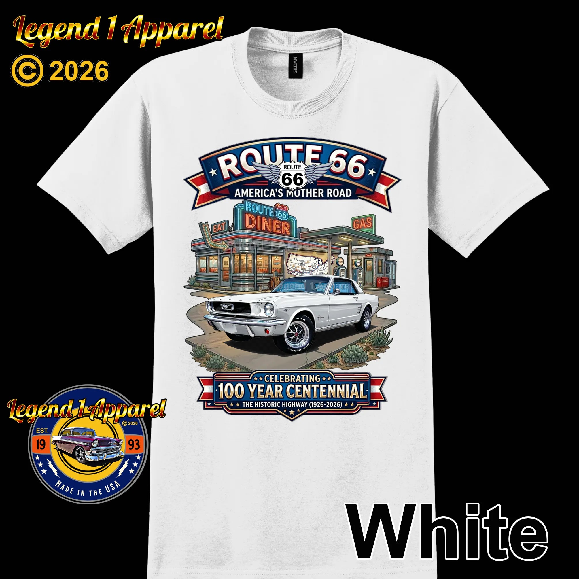 1966 Ford Mustang Hardtop Classic Car Graphic Tee – Route 66 Centennial T-Shirt