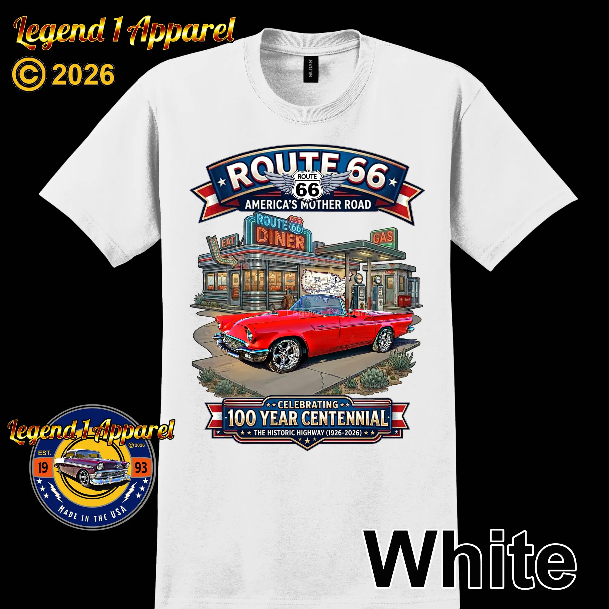 1957 Ford Thunderbird Classic Car Graphic Tee – Route 66 Centennial T-Shirt