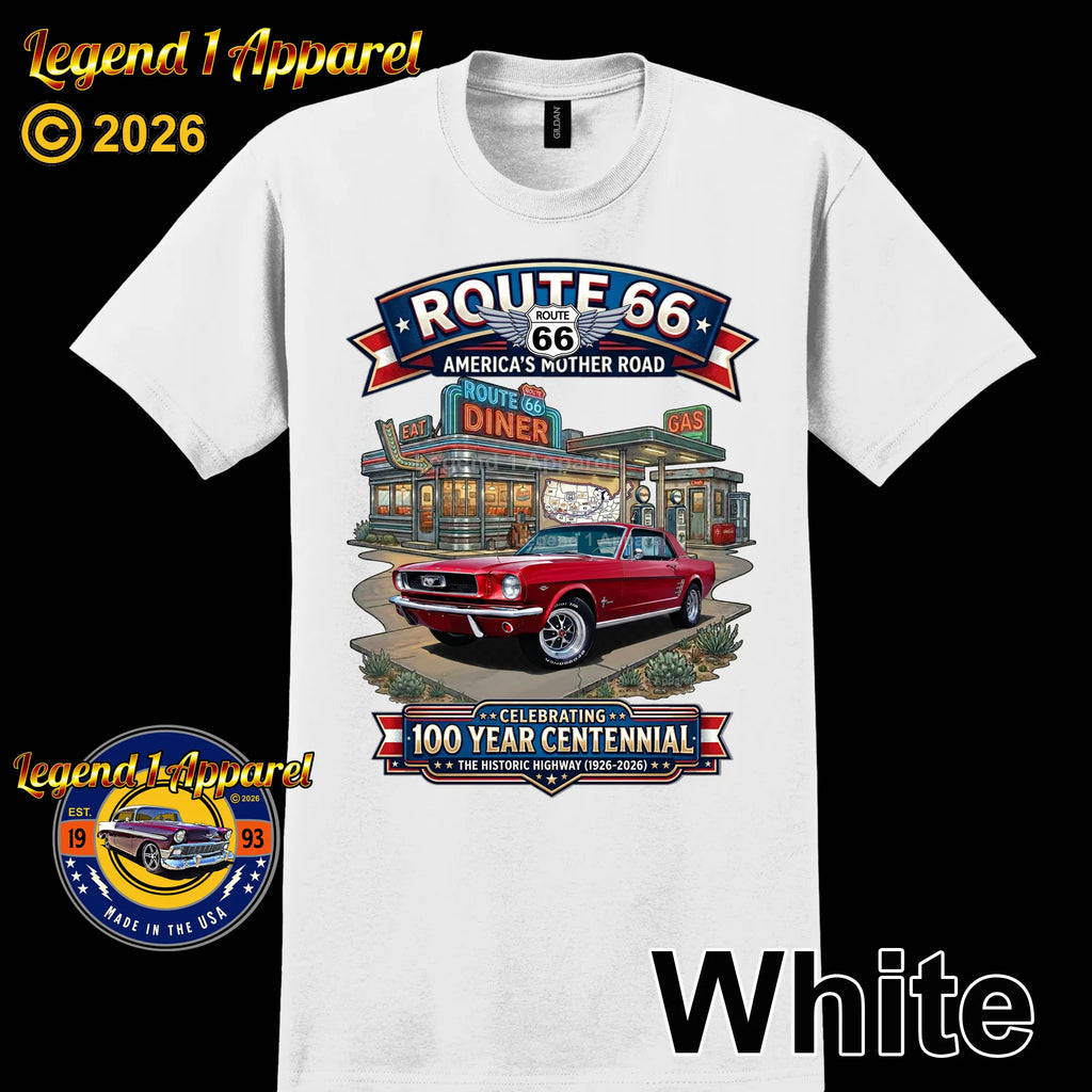 1966 Ford Mustang Hardtop Classic Car Graphic Tee – Route 66 Centennial T-Shirt