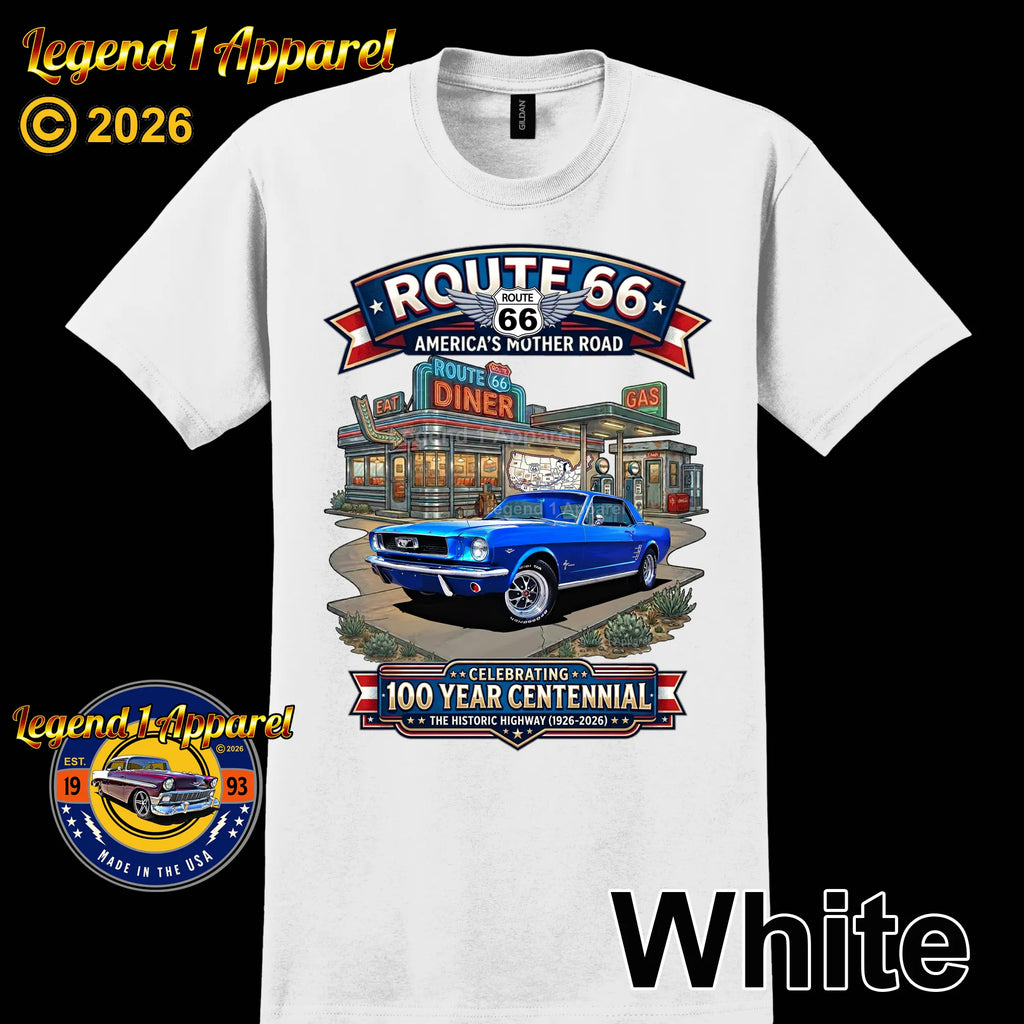 1966 Ford Mustang Hardtop Classic Car Graphic Tee – Route 66 Centennial T-Shirt