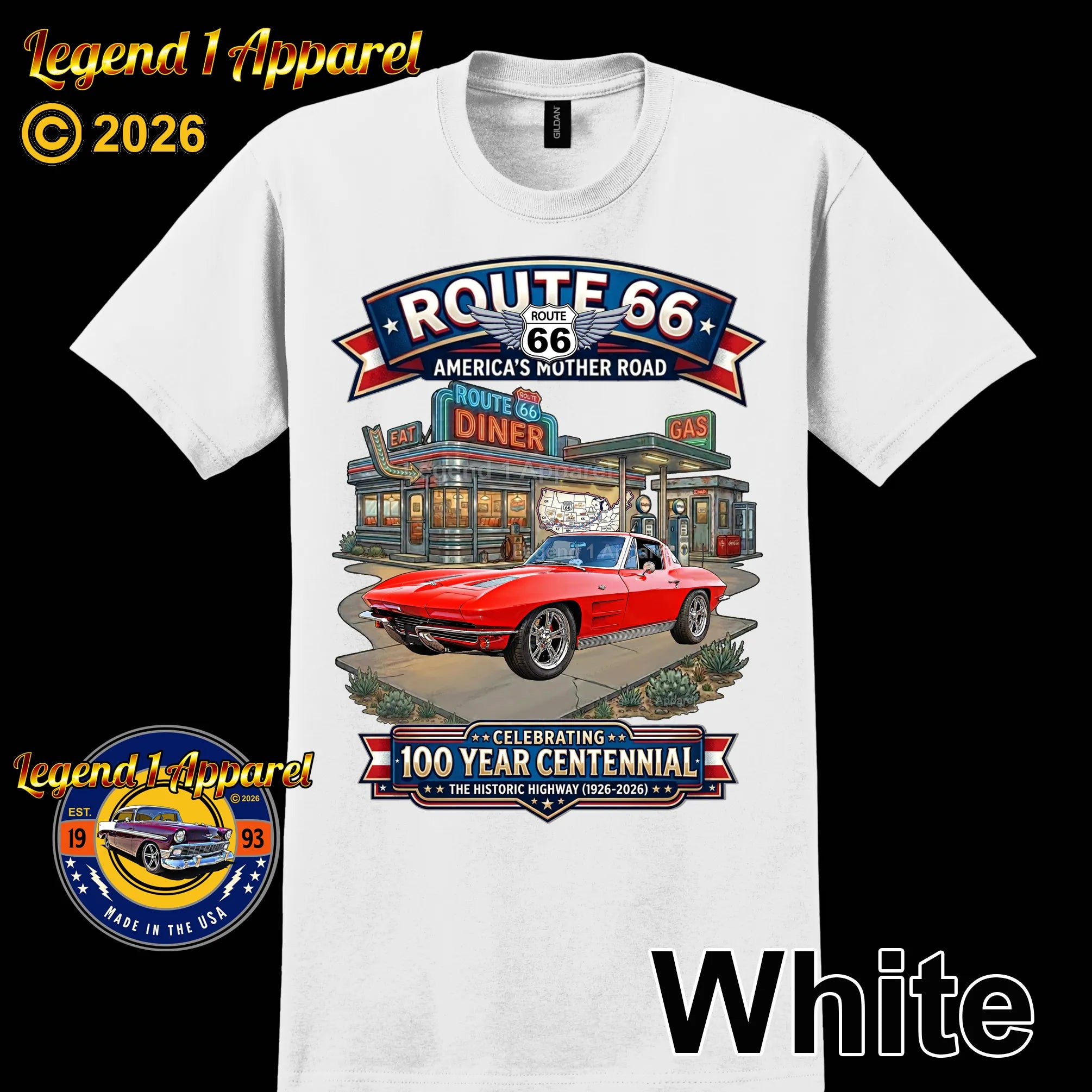 1963 Chevrolet Corvette C2 Classic Car Graphic Tee – Route 66 Centennial T-Shirt