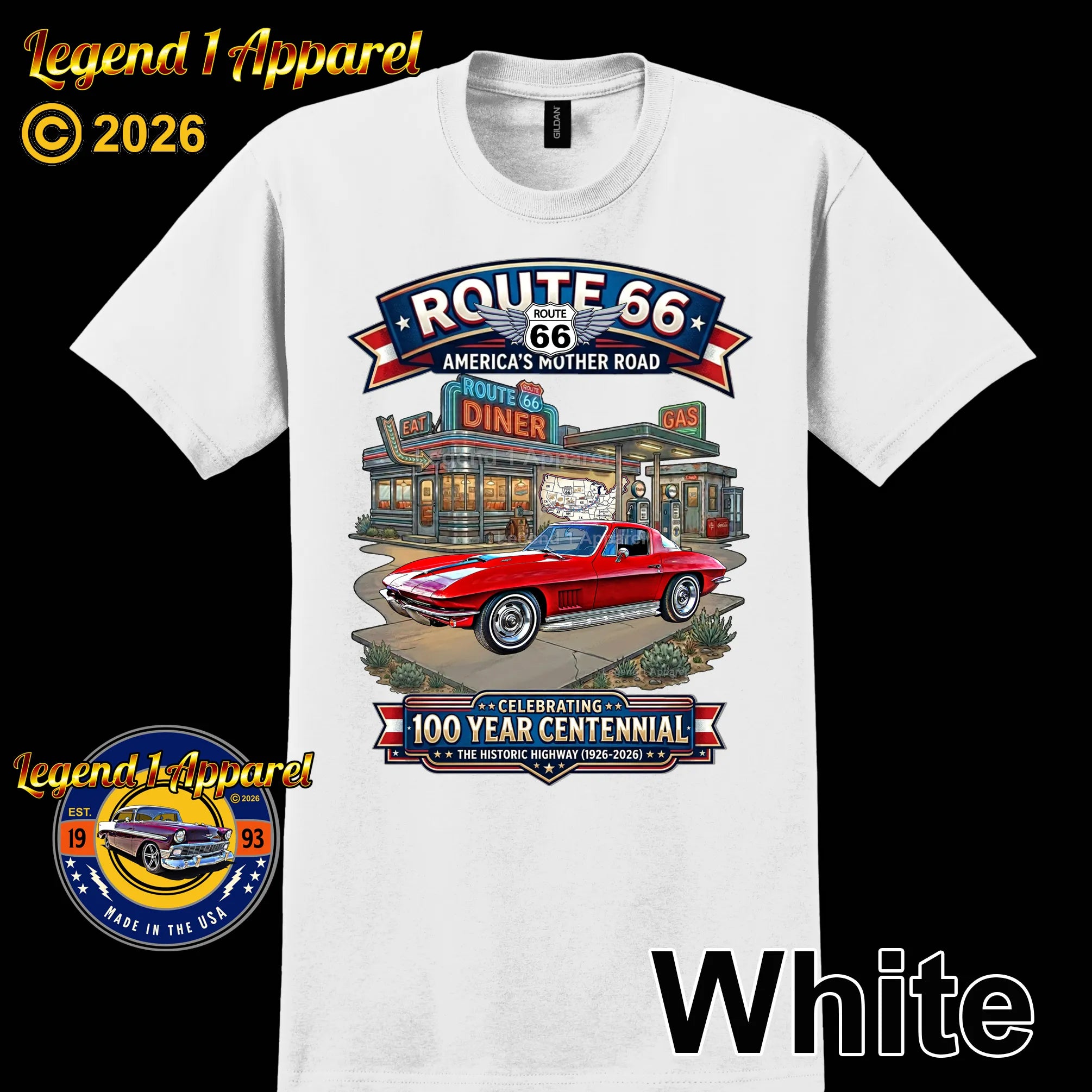 1967 Chevrolet Corvette C2 Classic Car Graphic Tee – Route 66 Centennial T-Shirt