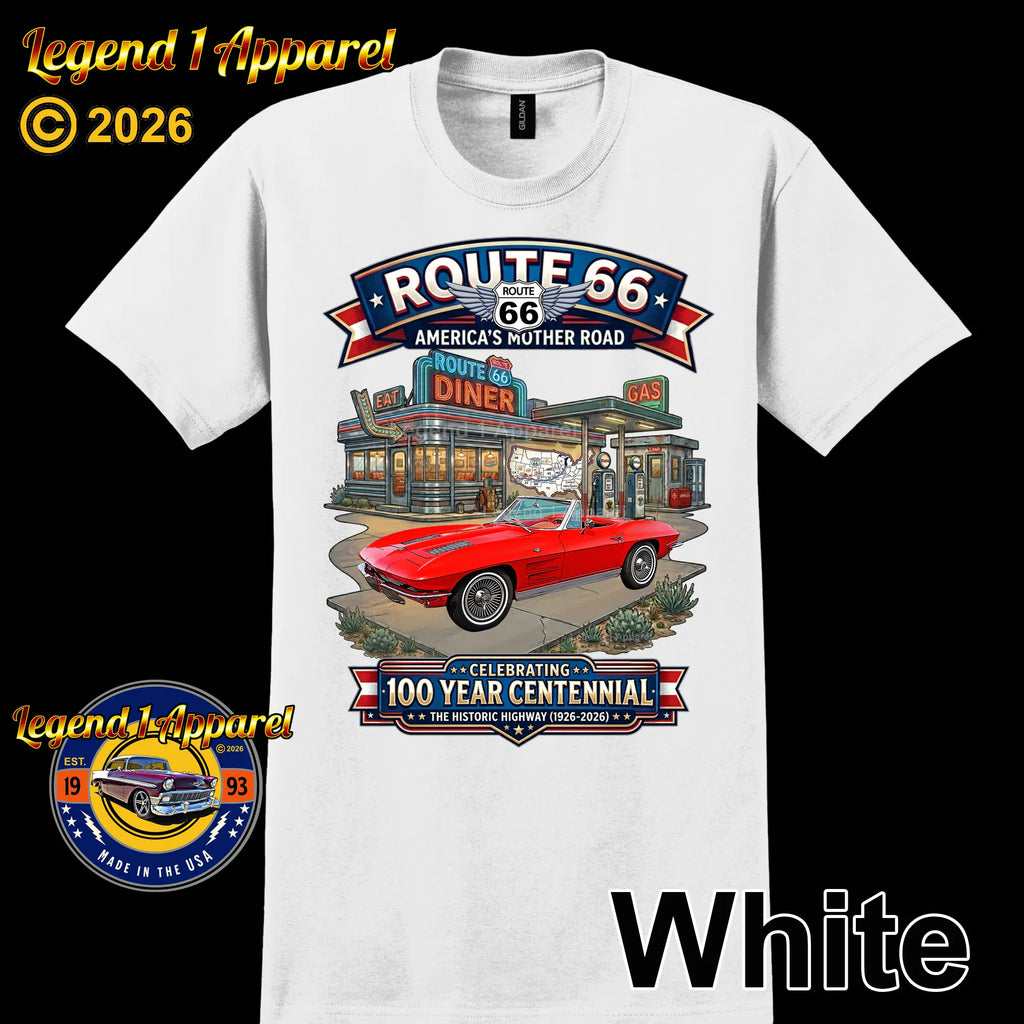 1963 Chevrolet Corvette C2 Classic Car Graphic Tee – Route 66 Centennial T-Shirt