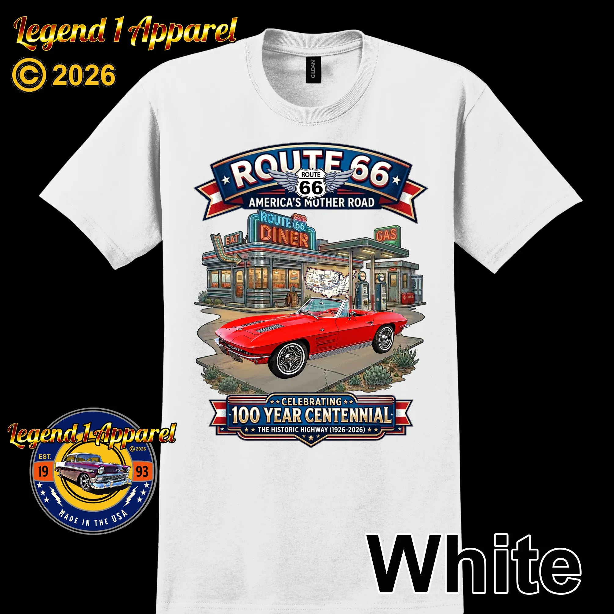 1963 Chevrolet Corvette C2 Classic Car Graphic Tee – Route 66 Centennial T-Shirt