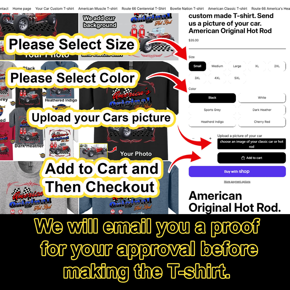 Your Classic Car or Hot Rod custom made T-shirt. Send us a picture of your car. American Original Hot Rod