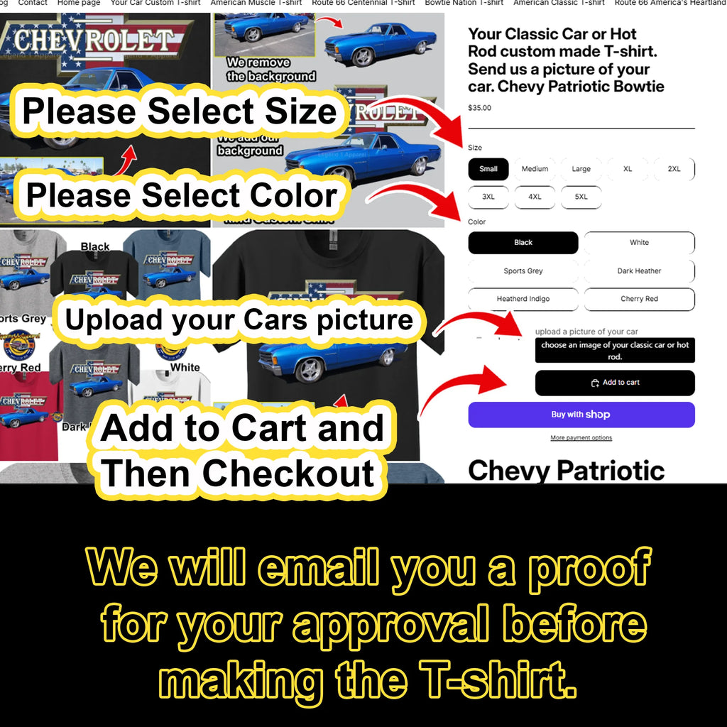 Your Classic Car or Hot Rod custom made T-shirt. Send us a picture of your car. Chevy Patriotic Bowtie