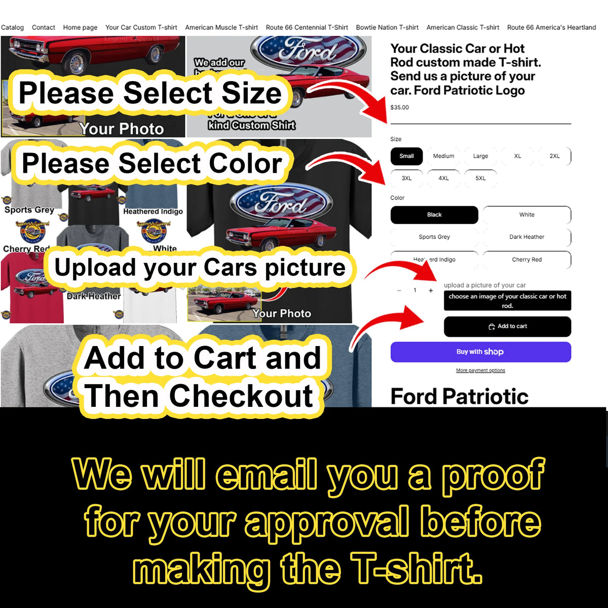 Your Classic Car or Hot Rod custom made T-shirt. Send us a picture of your car. Ford Patriotic Logo