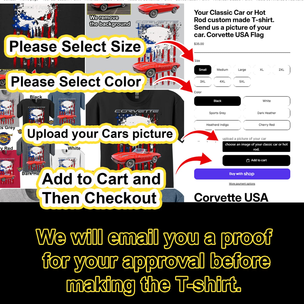 Your Classic Car or Hot Rod custom made T-shirt. Send us a picture of your car. Corvette USA Flag