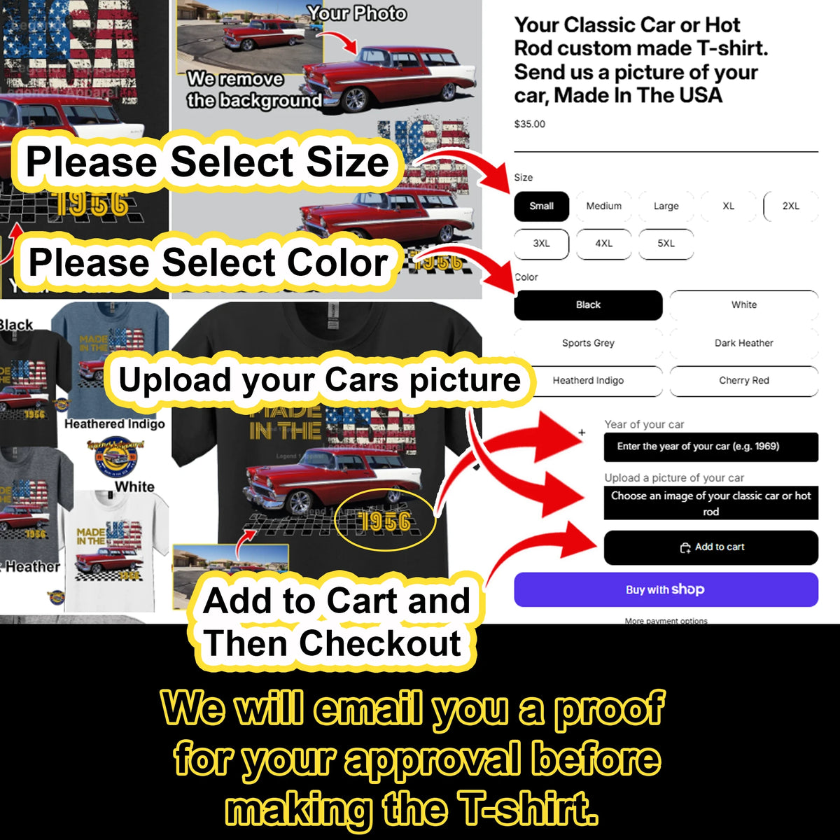 Your Classic Car or Hot Rod custom made T-shirt. Send us a picture of your car, Made In The USA