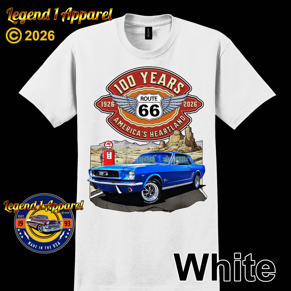 1966 Ford Mustang Hardtop Classic Car Graphic Tee – Route 66 100 Years T-Shirt