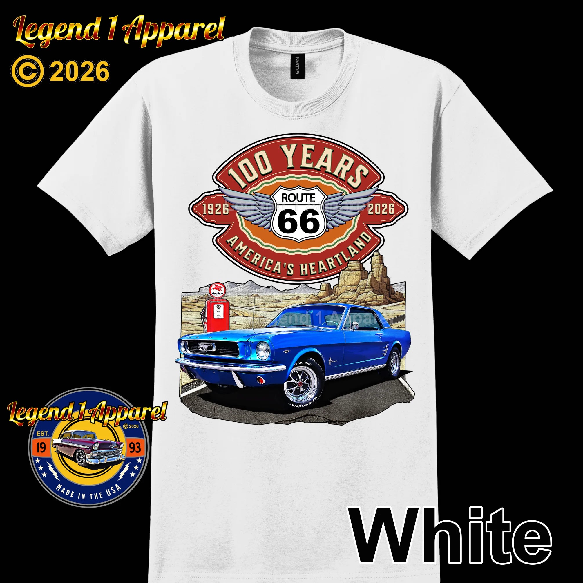 1966 Ford Mustang Hardtop Classic Car Graphic Tee – Route 66 100 Years T-Shirt