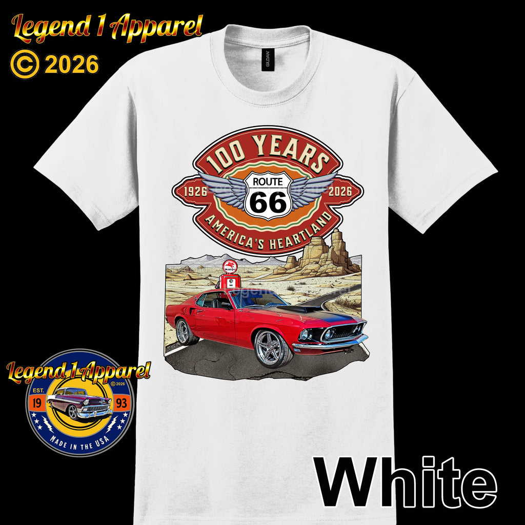 1969 Ford Mustang Fastback Classic Car Graphic Tee – Route 66 100 Years T-Shirt