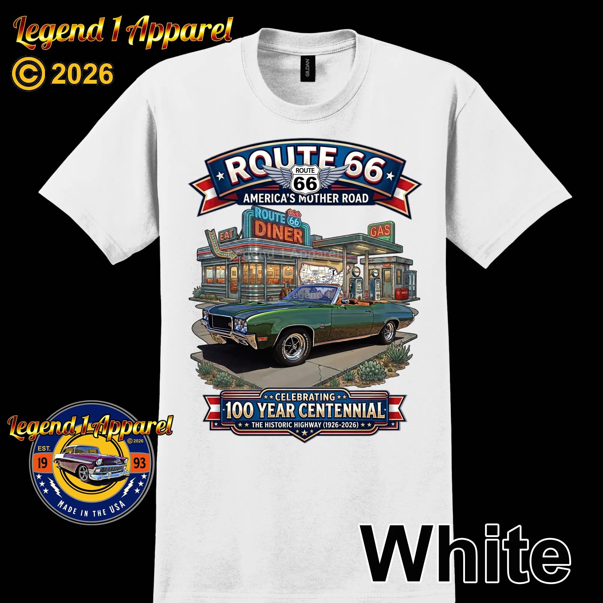 1970 Buick GS 455 Convertible Classic Car Graphic Tee – Route 66 Centennial T-Shirt