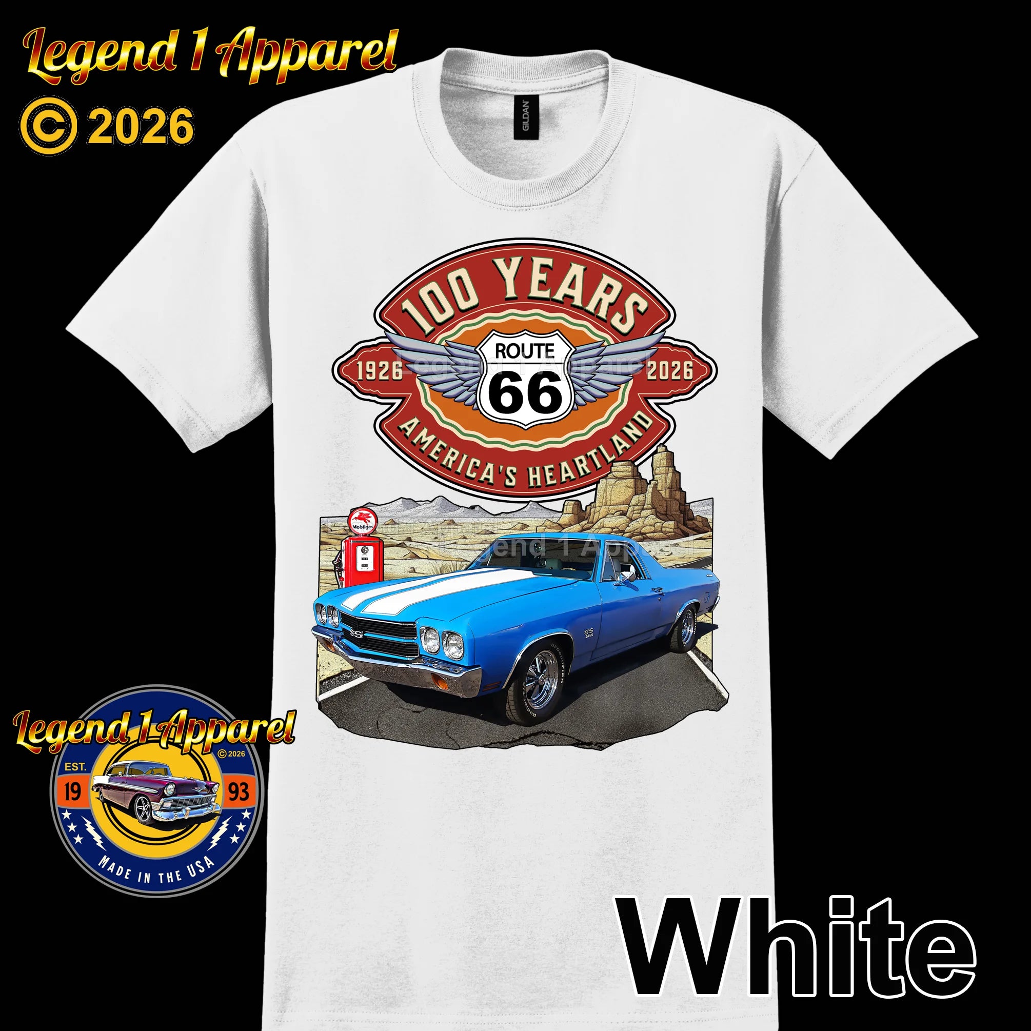1970 Chevrolet El Camino Classic Truck Graphic Tee – Route 66 100 Years T-Shirt