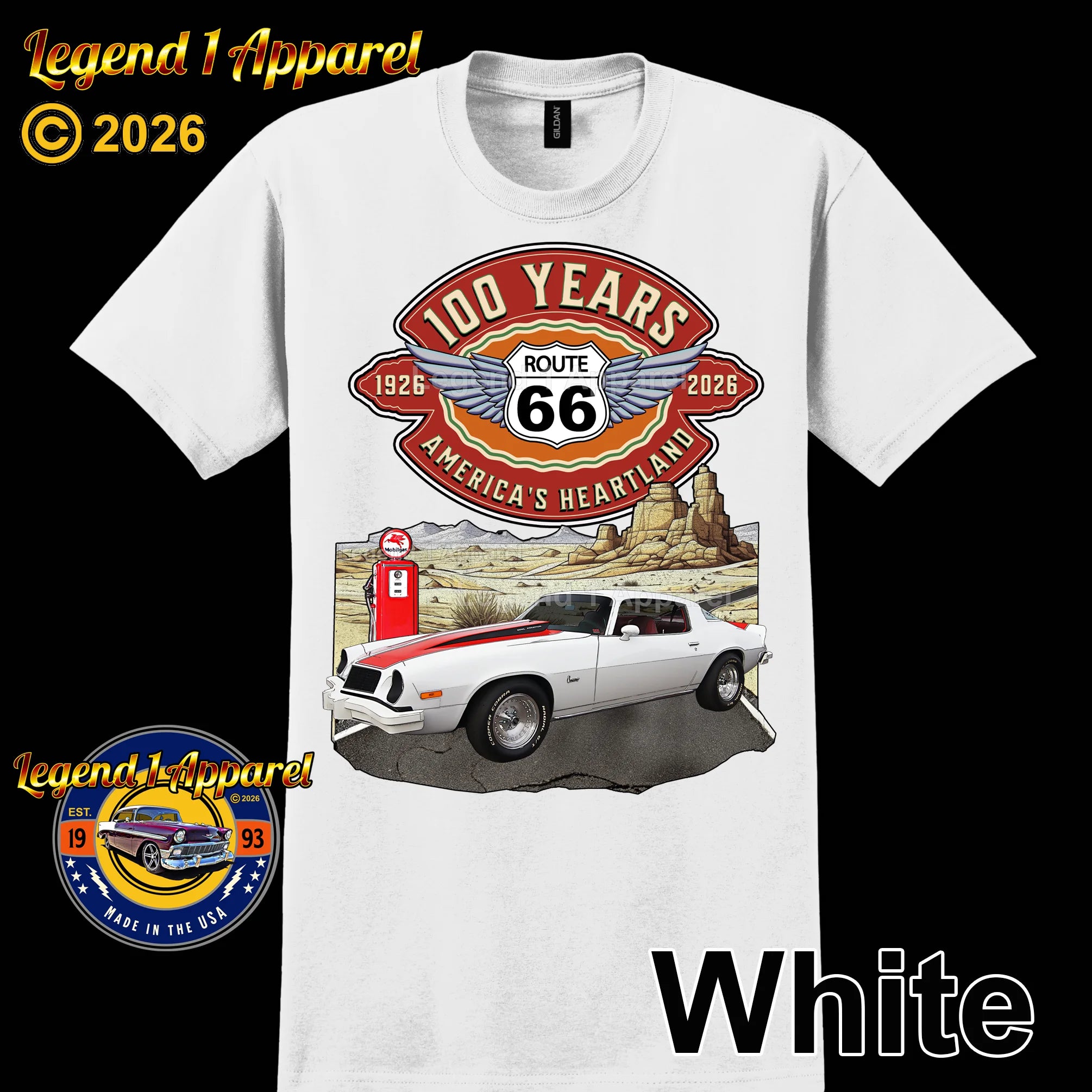 1976 Chevrolet Camaro Classic Car Graphic Tee – Route 66 100 Years T-Shirt