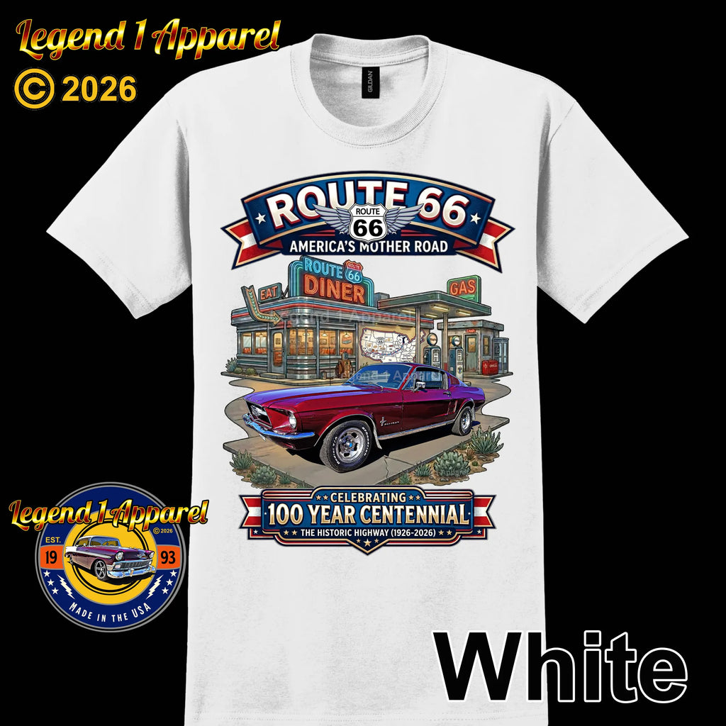 1967 Ford Mustang Fastback Classic Car Graphic Tee – Route 66 Centennial T-Shirt