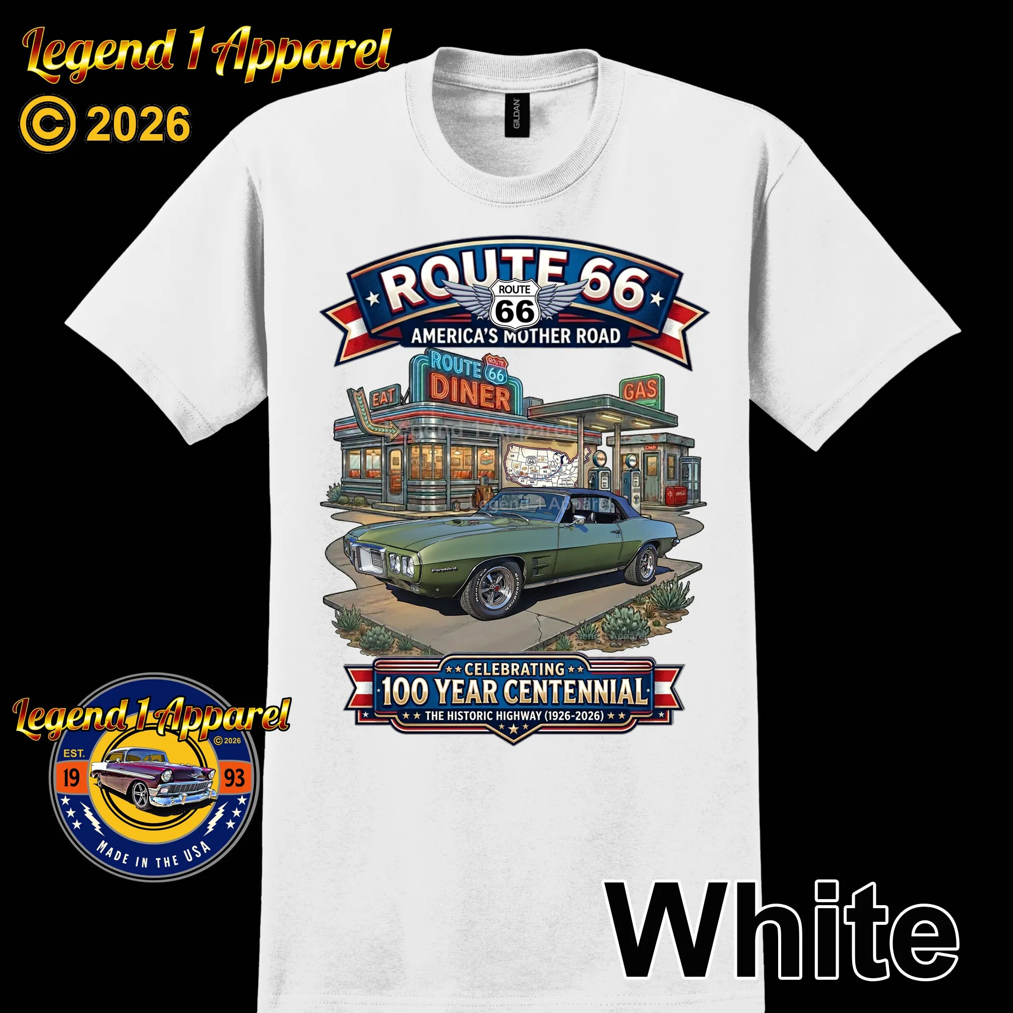 1969 Pontiac Firebird Classic Car Graphic Tee – Route 66 Centennial T-Shirt