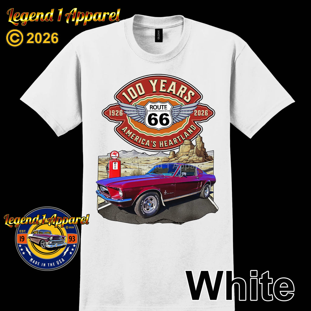 1967 Ford Mustang Fastback Classic Car Graphic Tee – Route 66 100 Years T-Shirt