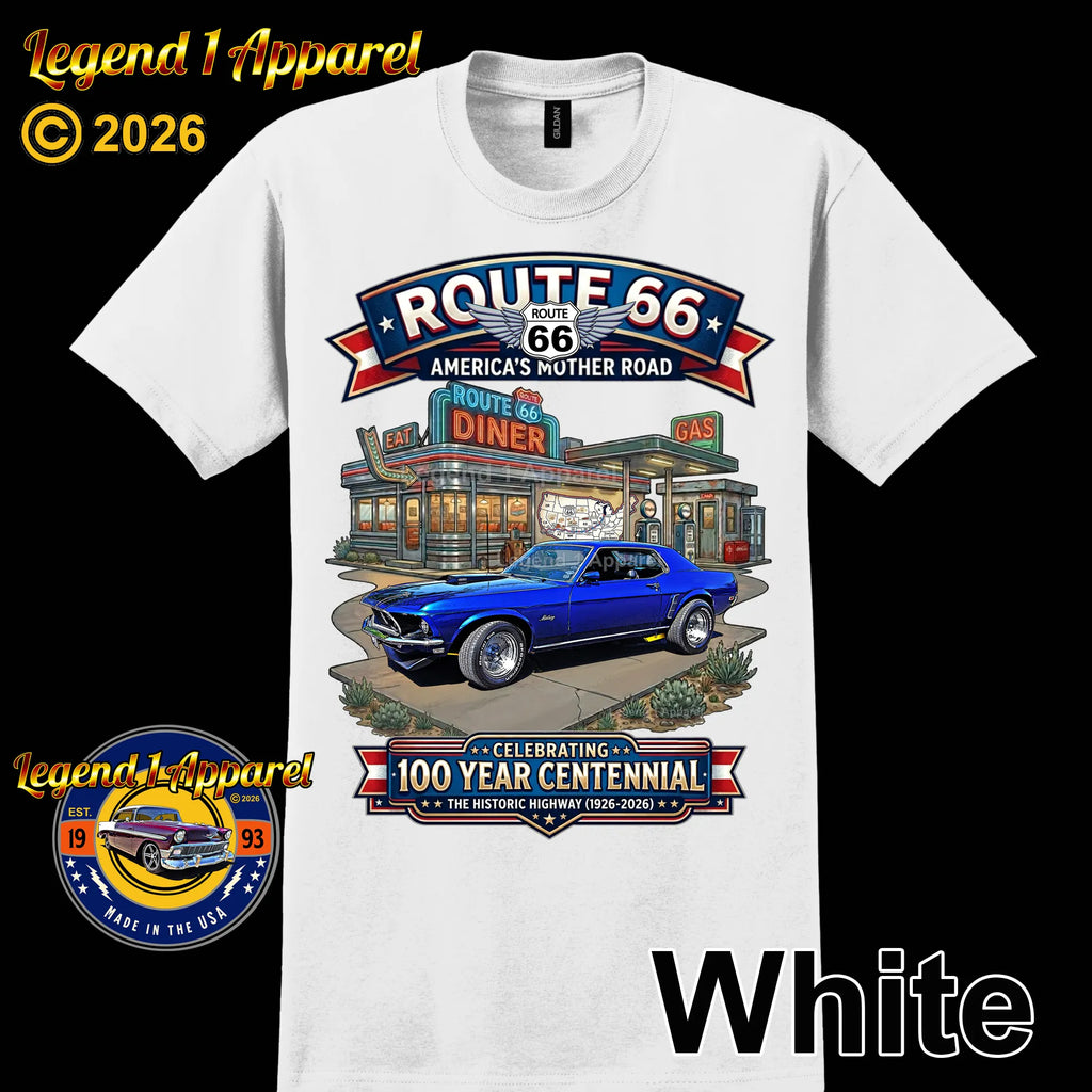 1969 Ford Mustang Hardtop Classic Car Graphic Tee – Route 66 Centennial T-Shirt