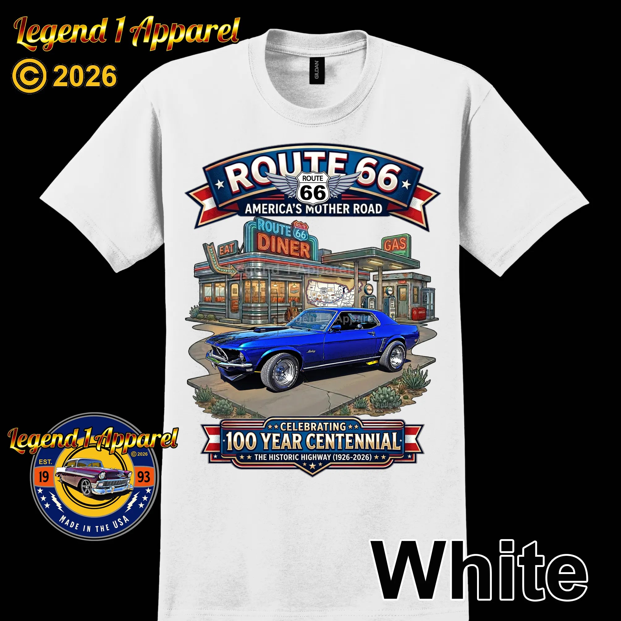 1969 Ford Mustang Hardtop Classic Car Graphic Tee – Route 66 Centennial T-Shirt