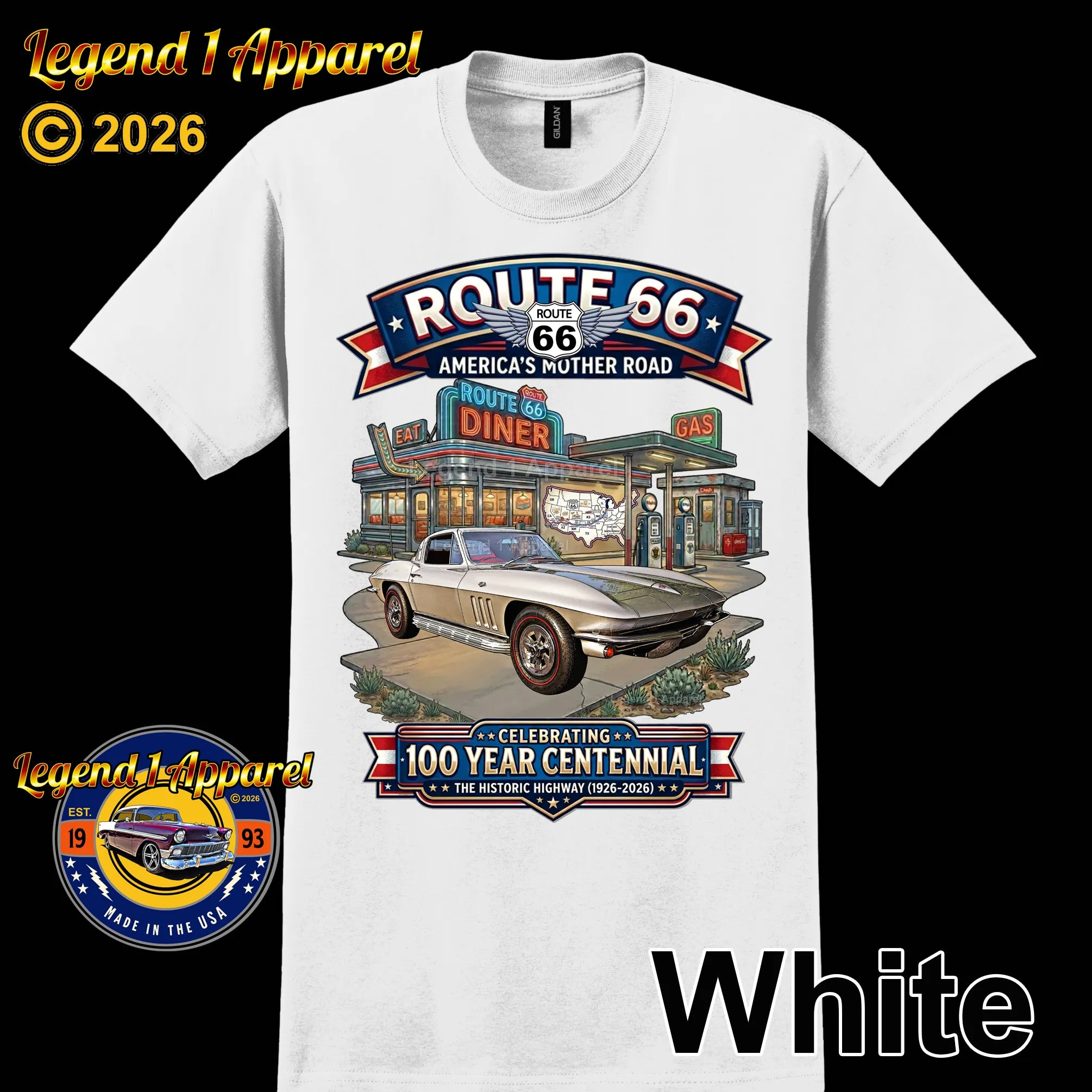 1965 Chevrolet Corvette C2 Classic Car Graphic Tee – Route 66 Centennial T-Shirt