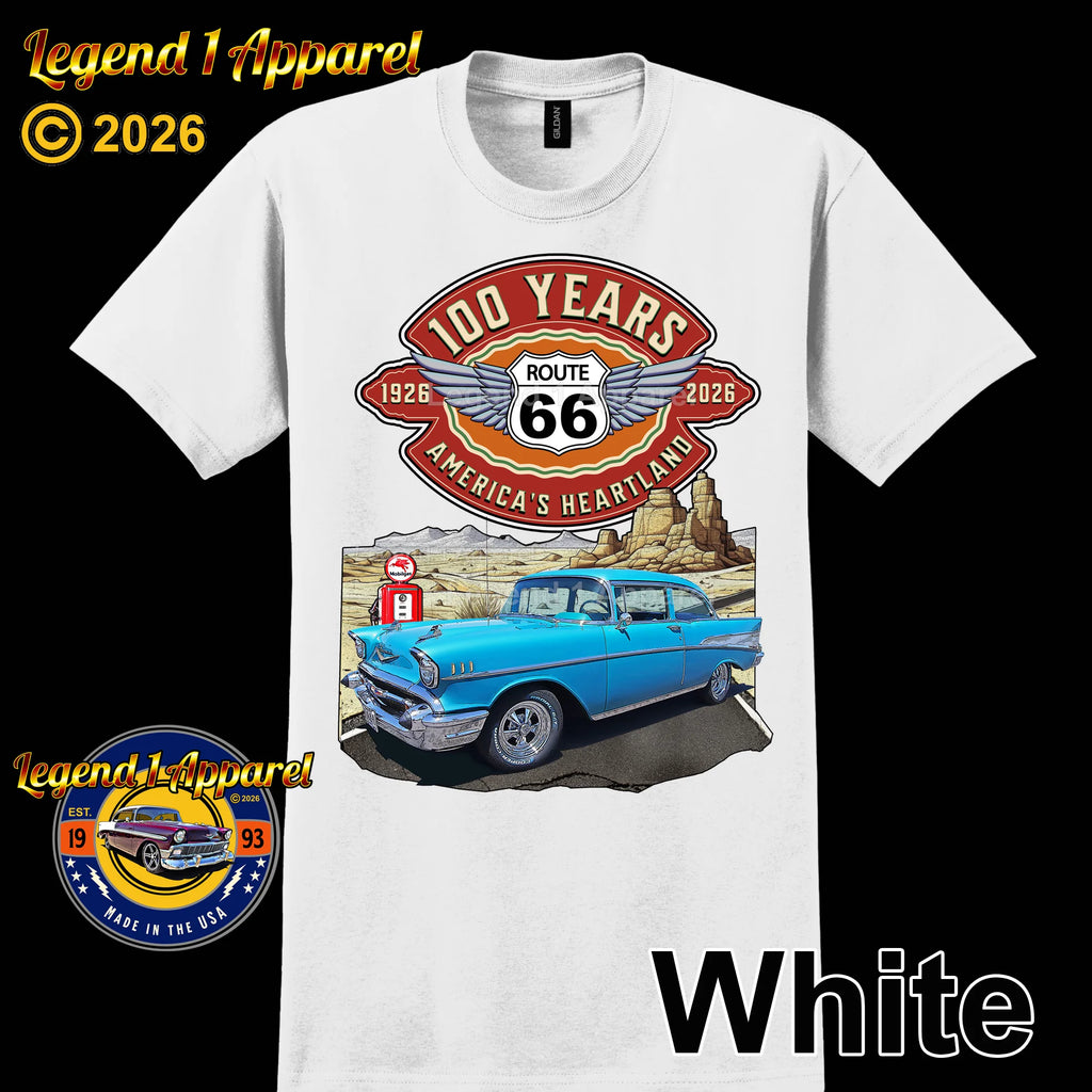 1957 Chevrolet Bel Air Coupe Classic Car Graphic Tee – Route 66 100 Years T-Shirt
