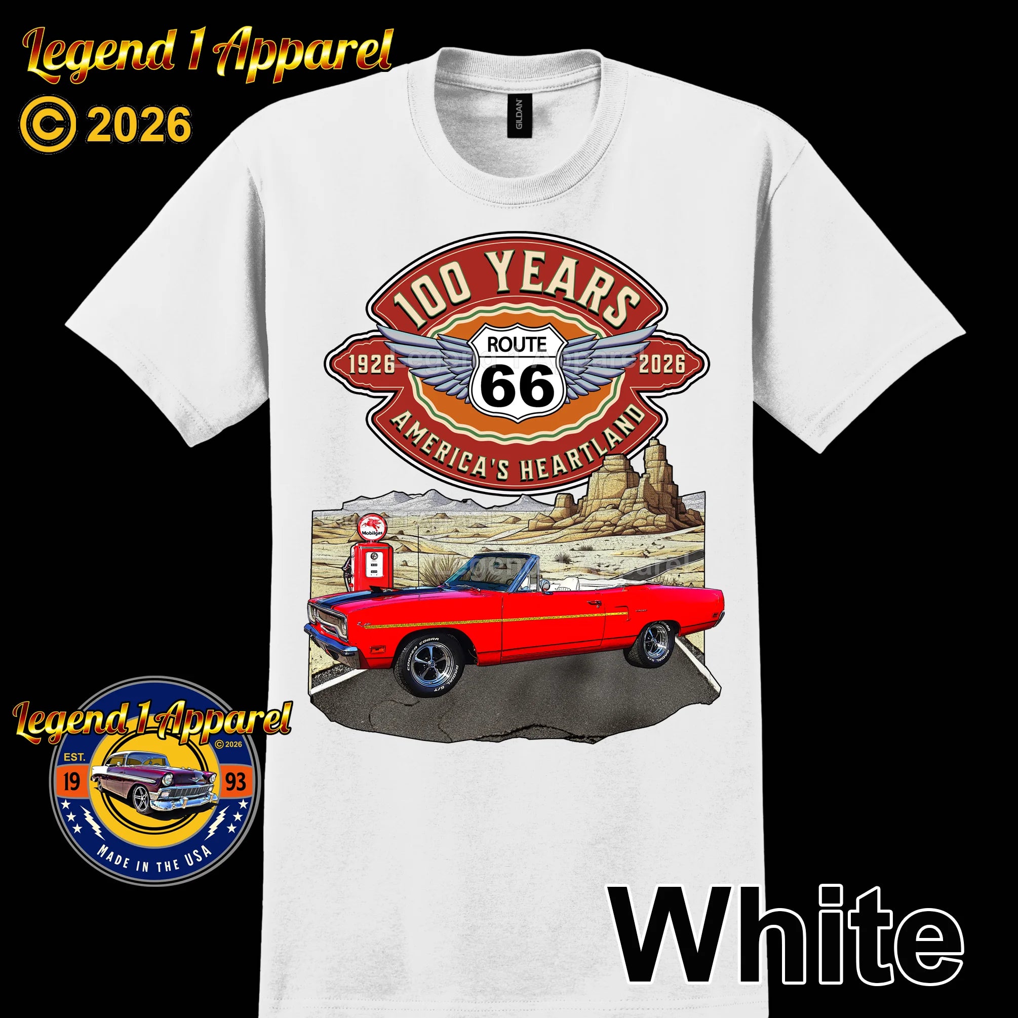 1970 Plymouth RoadRunner Classic Car Graphic Tee – Route 66 100 Years T-Shirt