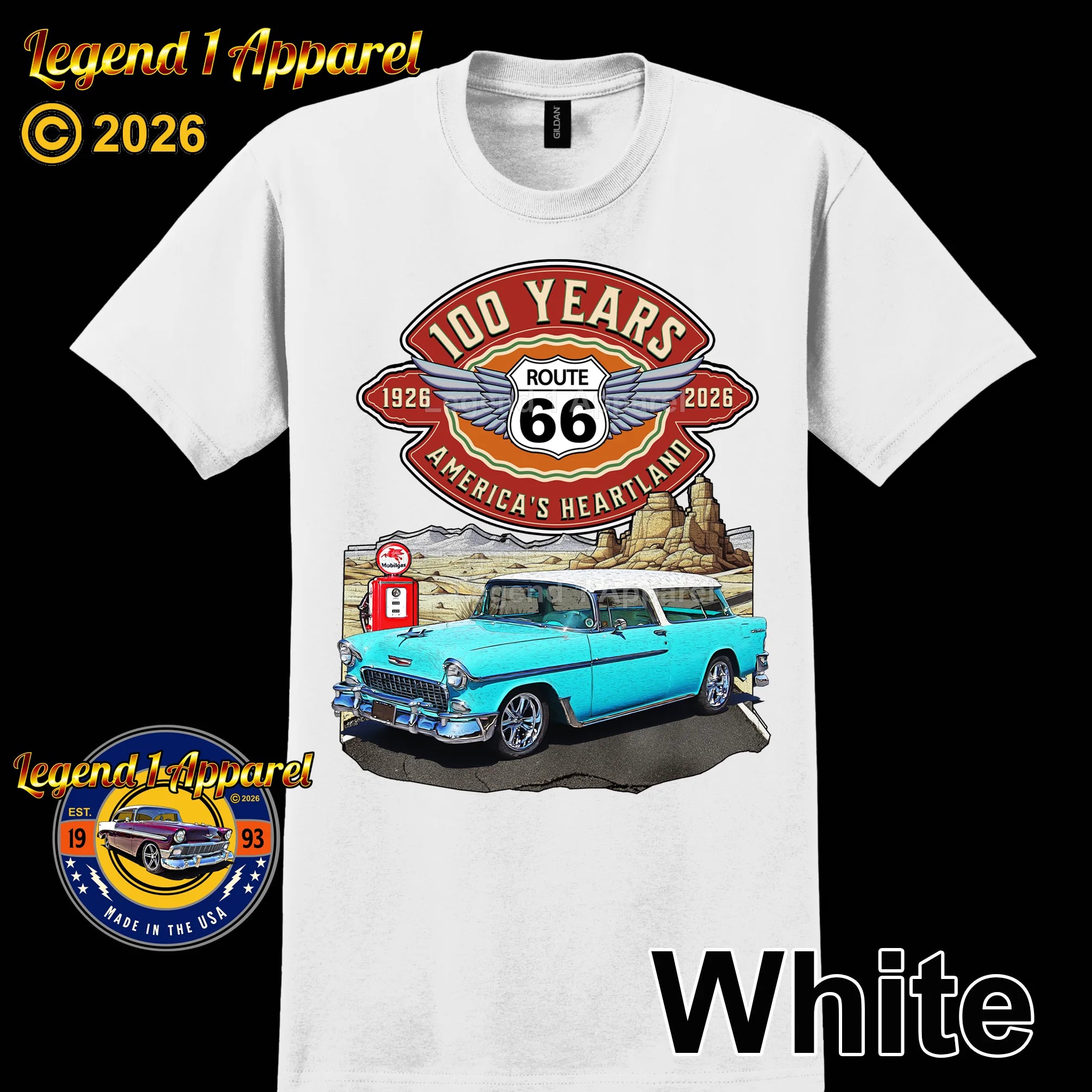 1955 Chevrolet Bel Air Nomad Classic Car Graphic Tee – Route 66 100 Years T-Shirt