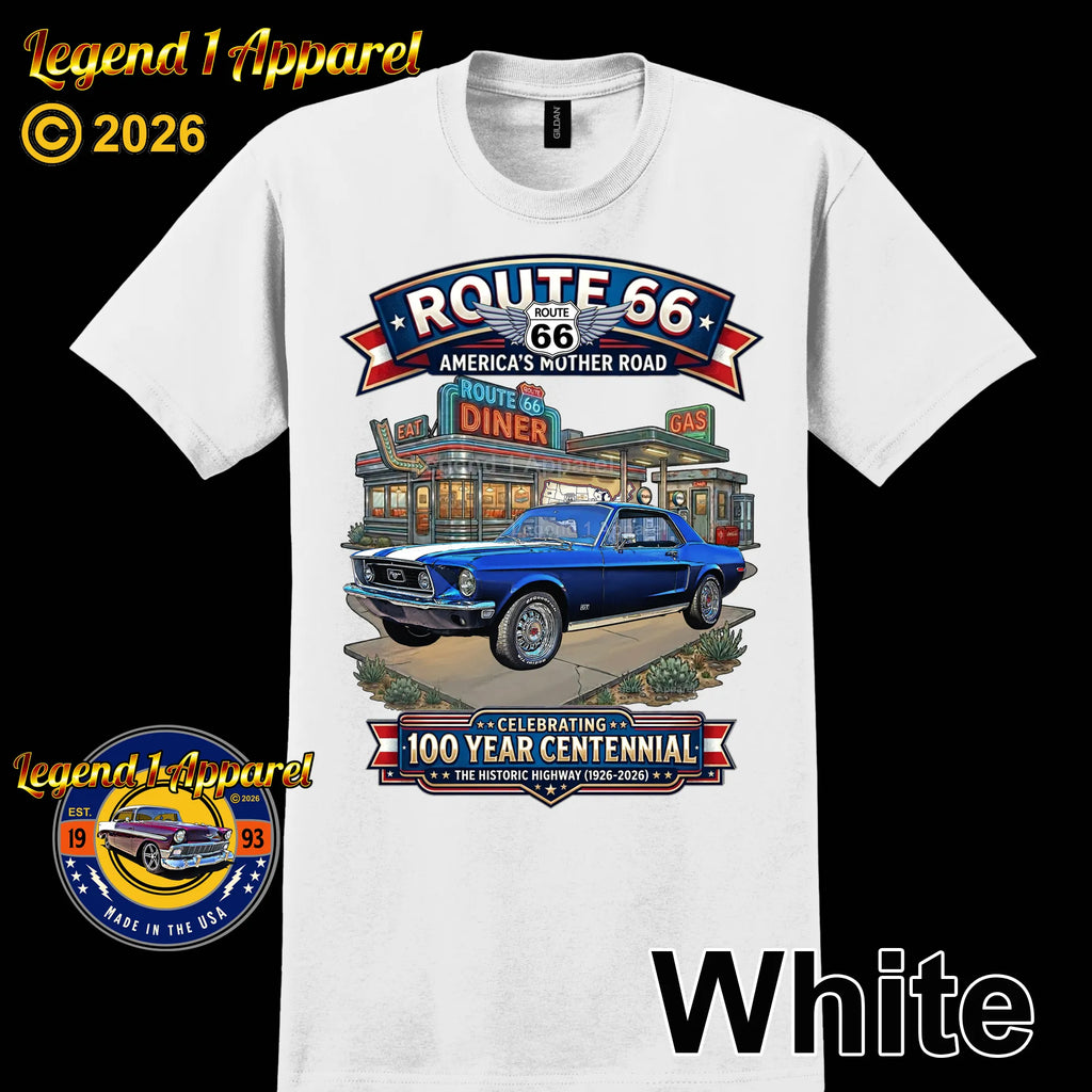 1968 Ford Mustang GT Classic Car Graphic Tee – Route 66 Centennial T-Shirt