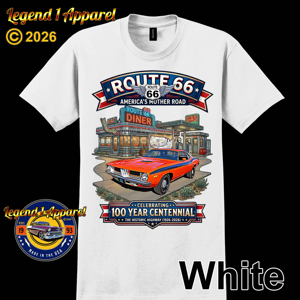 1972 Plymouth Cuda Classic Car Graphic Tee – Route 66 Centennial T-Shirt