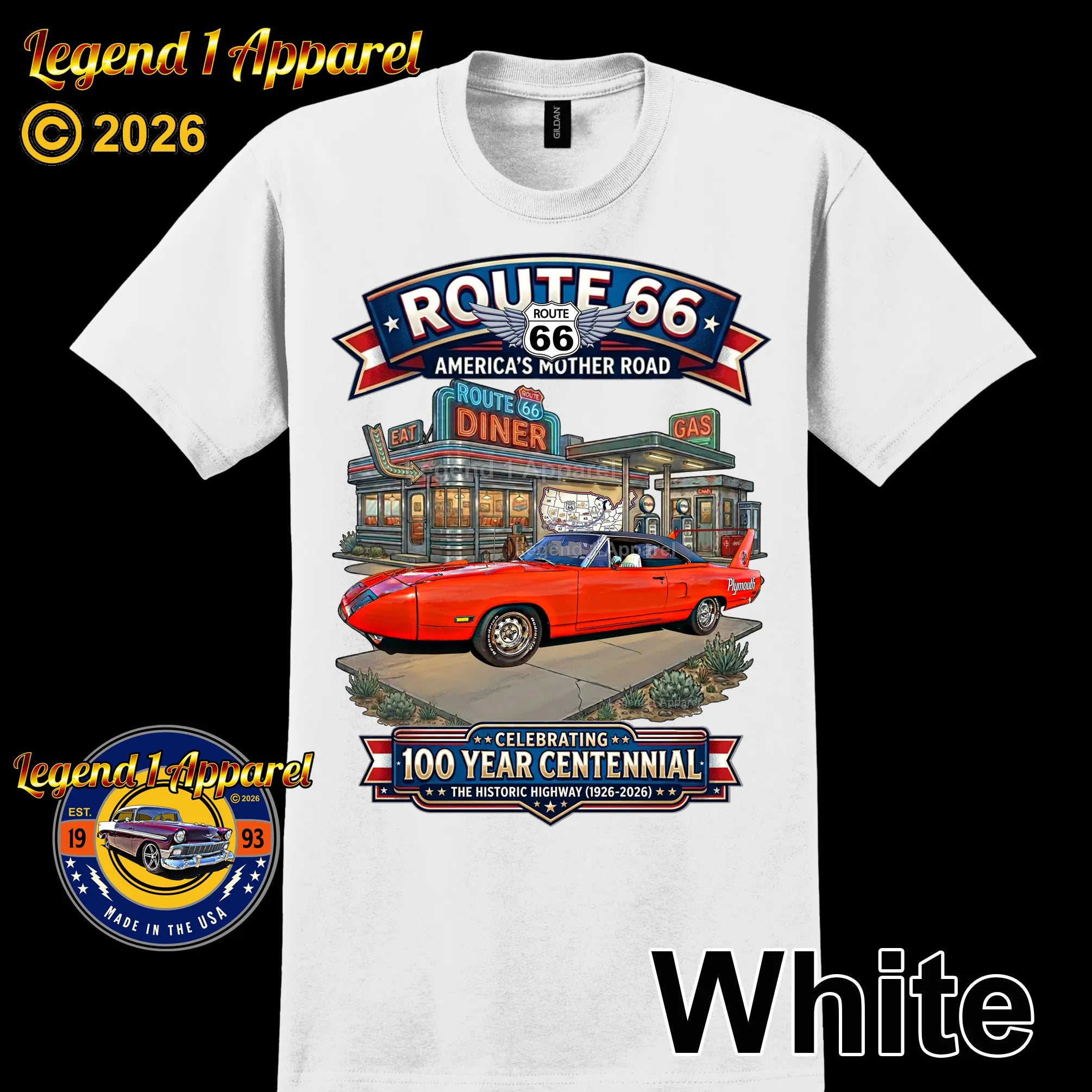 1970 Plymouth Roadrunner Superbird Classic Car Graphic Tee – Route 66 Centennial T-Shirt