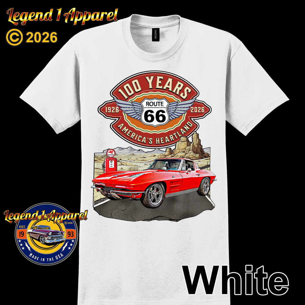 1963 Chevrolet Corvette C2 Classic Car Graphic Tee – Route 66 100 Years T-Shirt