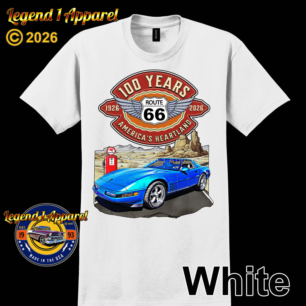 1992 Chevrolet Corvette C4 Classic Car Graphic Tee – Route 66 100 Years T-Shirt