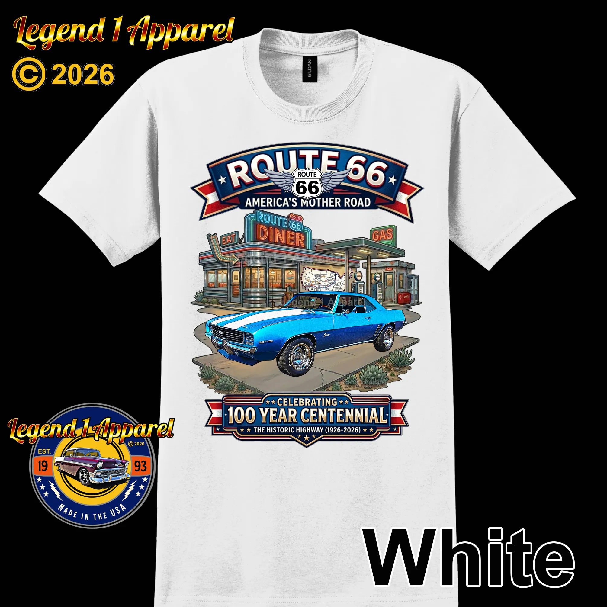 1969 Chevrolet Camaro Classic Car Graphic Tee – Route 66 Centennial T-Shirt