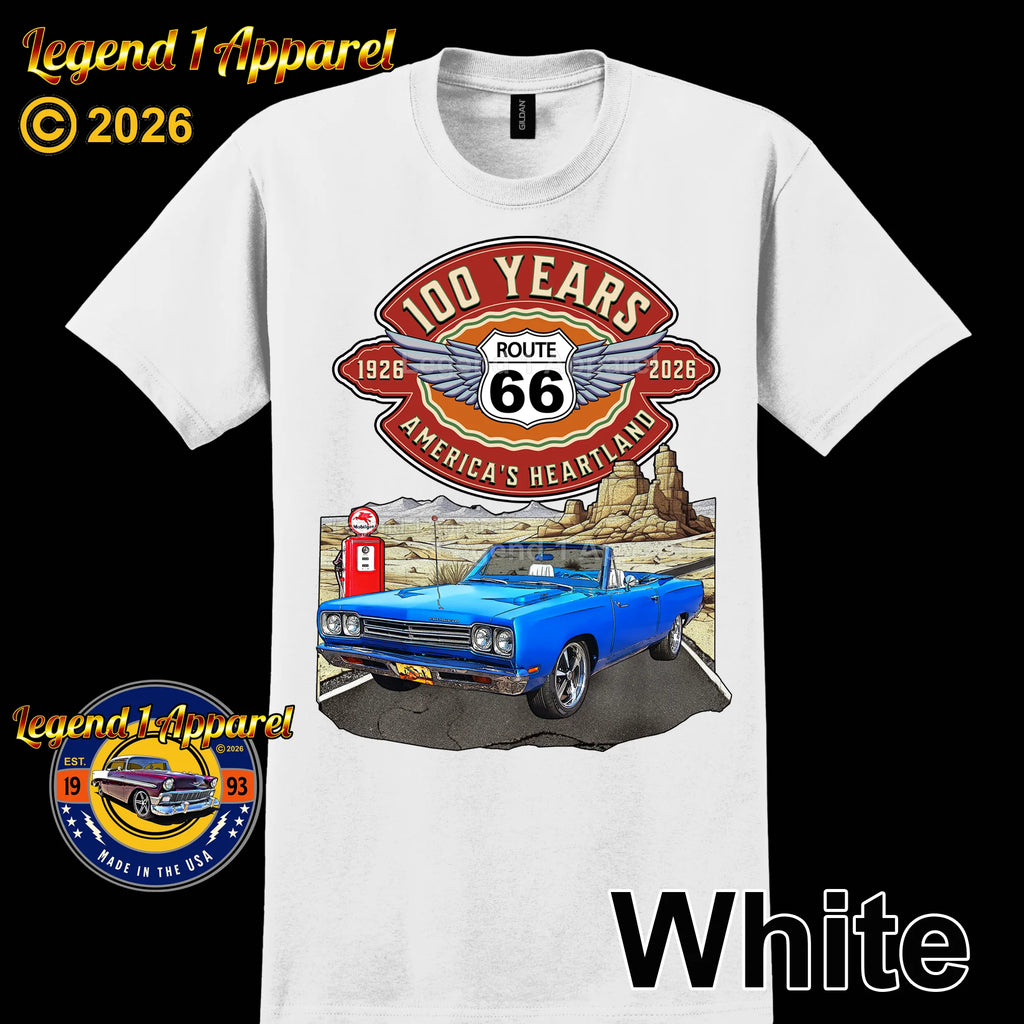 1969 Plymouth RoadRunner Classic Car Graphic Tee – Route 66 100 Years T-Shirt