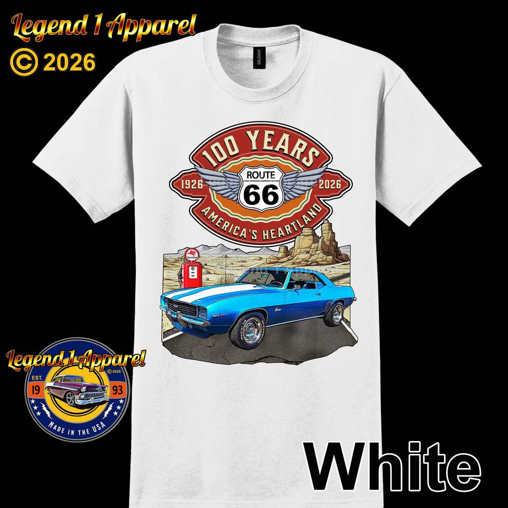 1969 Chevrolet Camaro Classic Car Graphic Tee – Route 66 100 Years T-Shirt