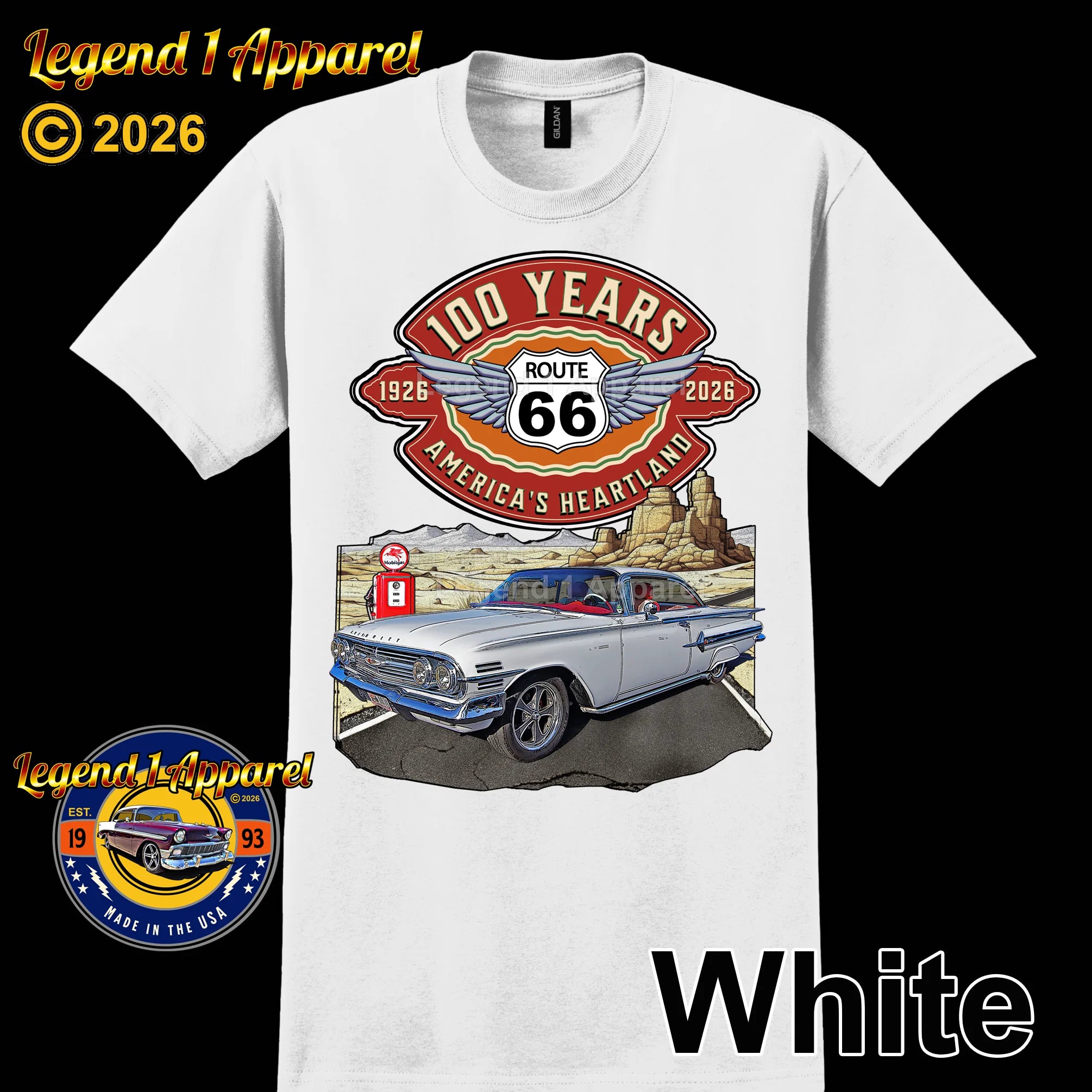 1960 Chevrolet Impala SS Classic Car Graphic Tee – Route 66 100 Years T-Shirt