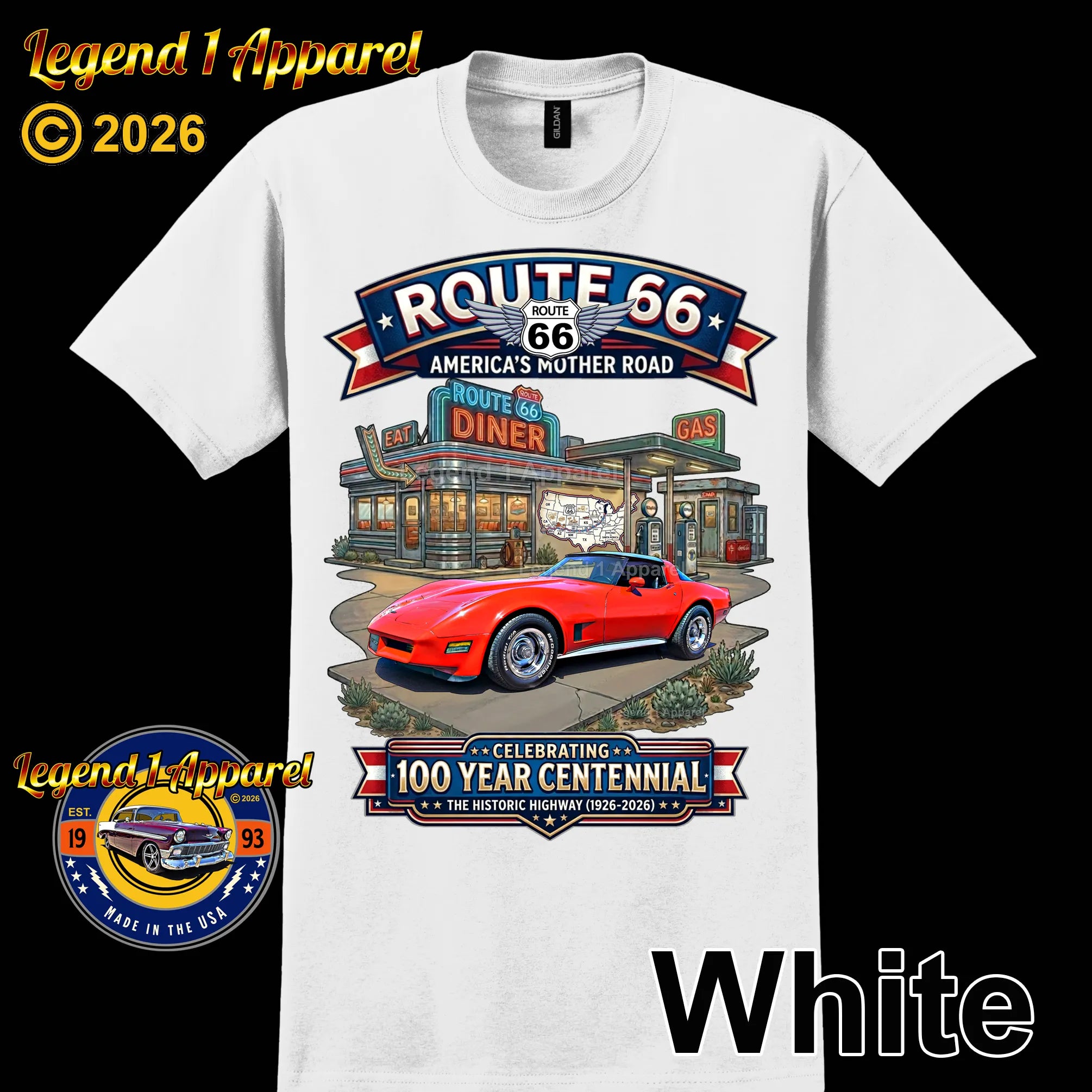 1980 Chevrolet Corvette C3 Classic Car Graphic Tee – Route 66 Centennial T-Shirt
