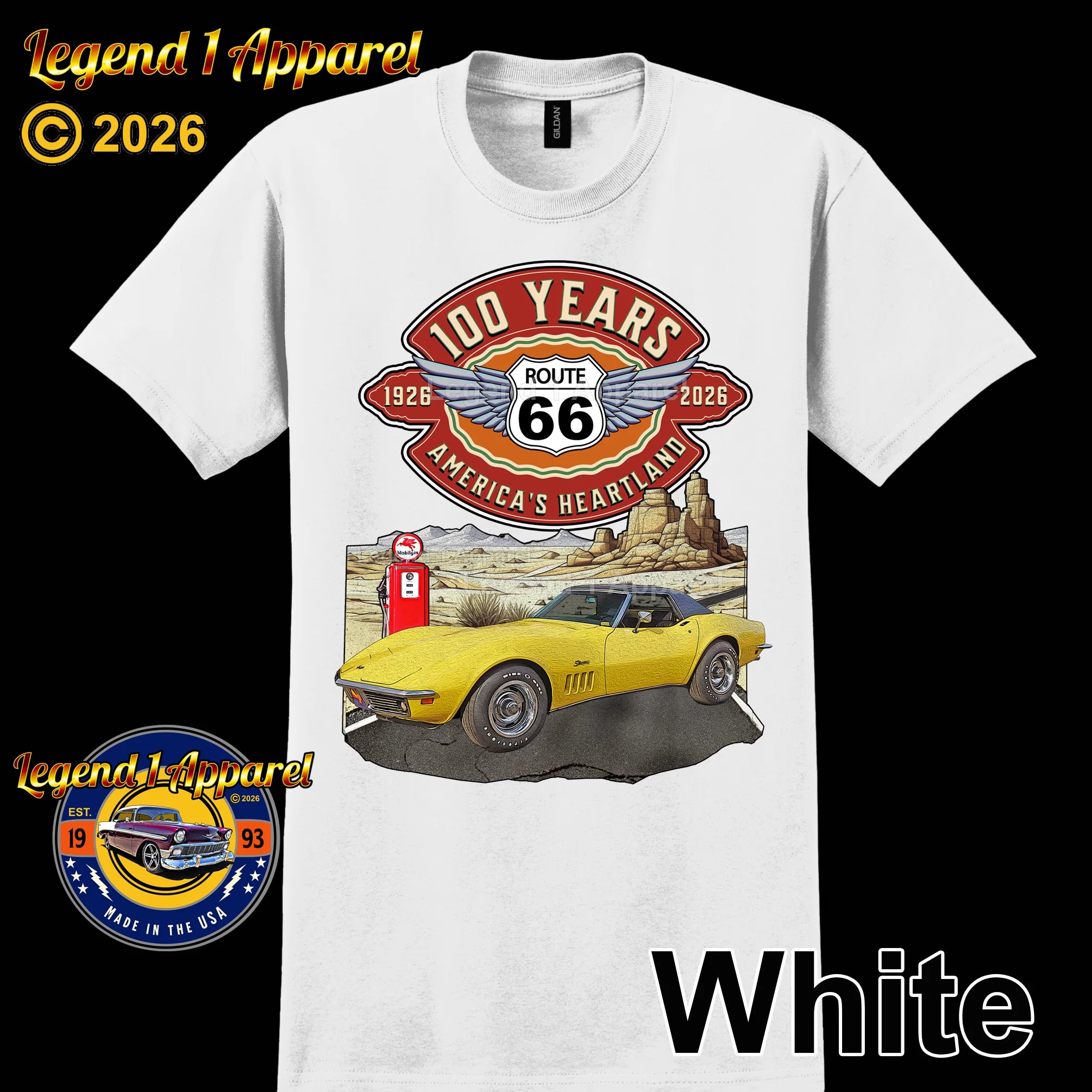 1969 Chevrolet Corvette C3 Classic Car Graphic Tee – Route 66 100 Years T-Shirt