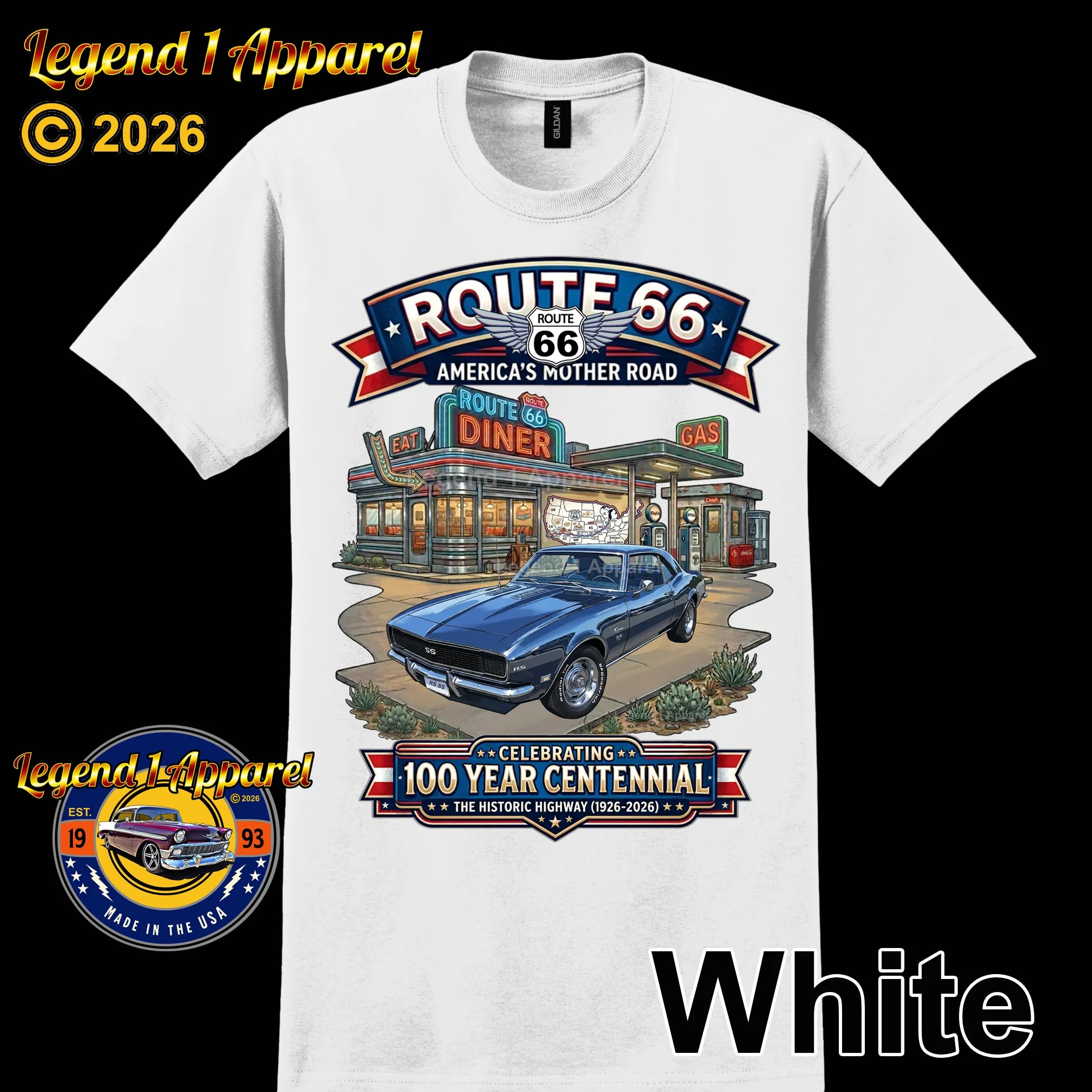 1968 Chevrolet Camaro Classic Car Graphic Tee – Route 66 Centennial T-Shirt