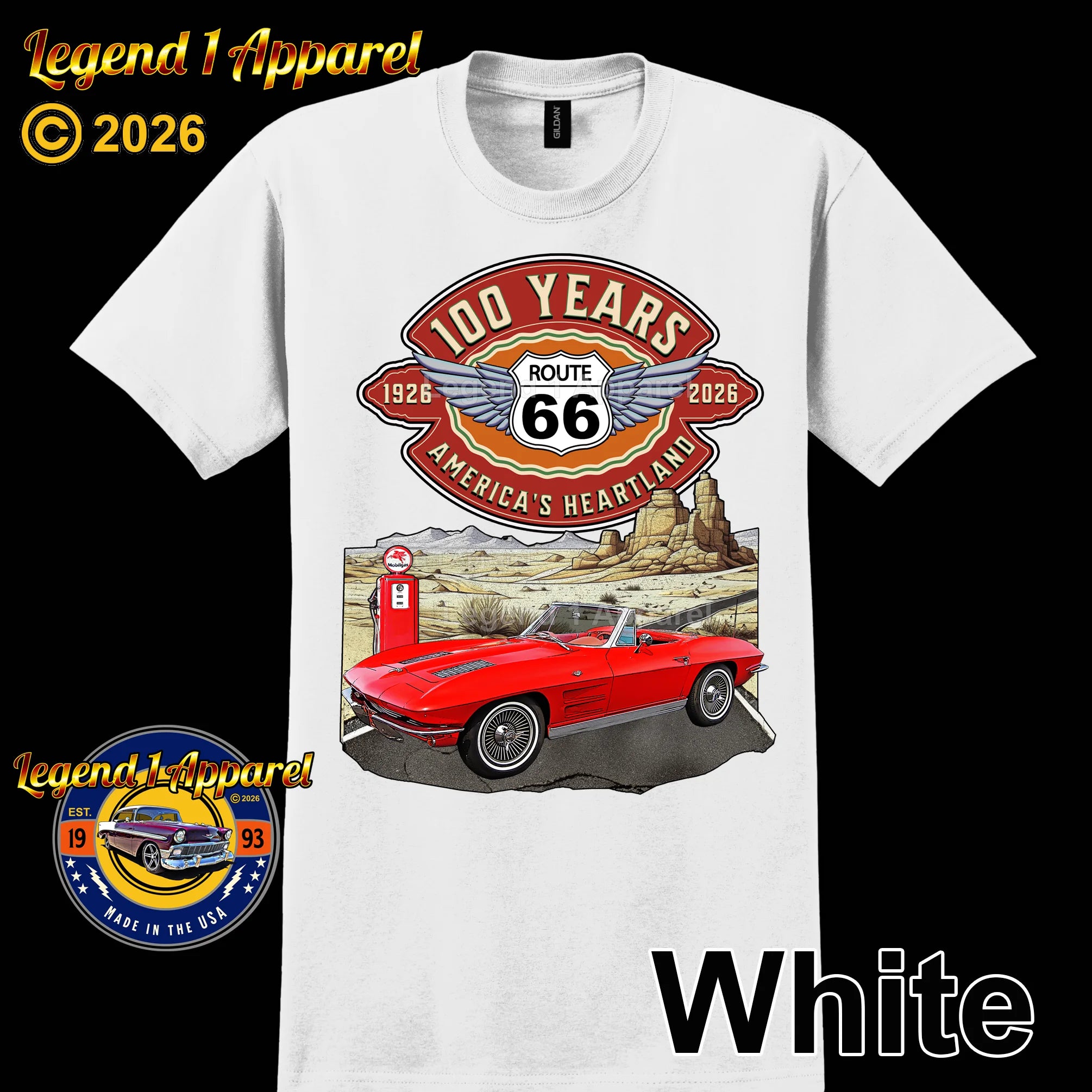 1963 Chevrolet Corvette C2 Classic Car Graphic Tee – Route 66 100 Years T-Shirt