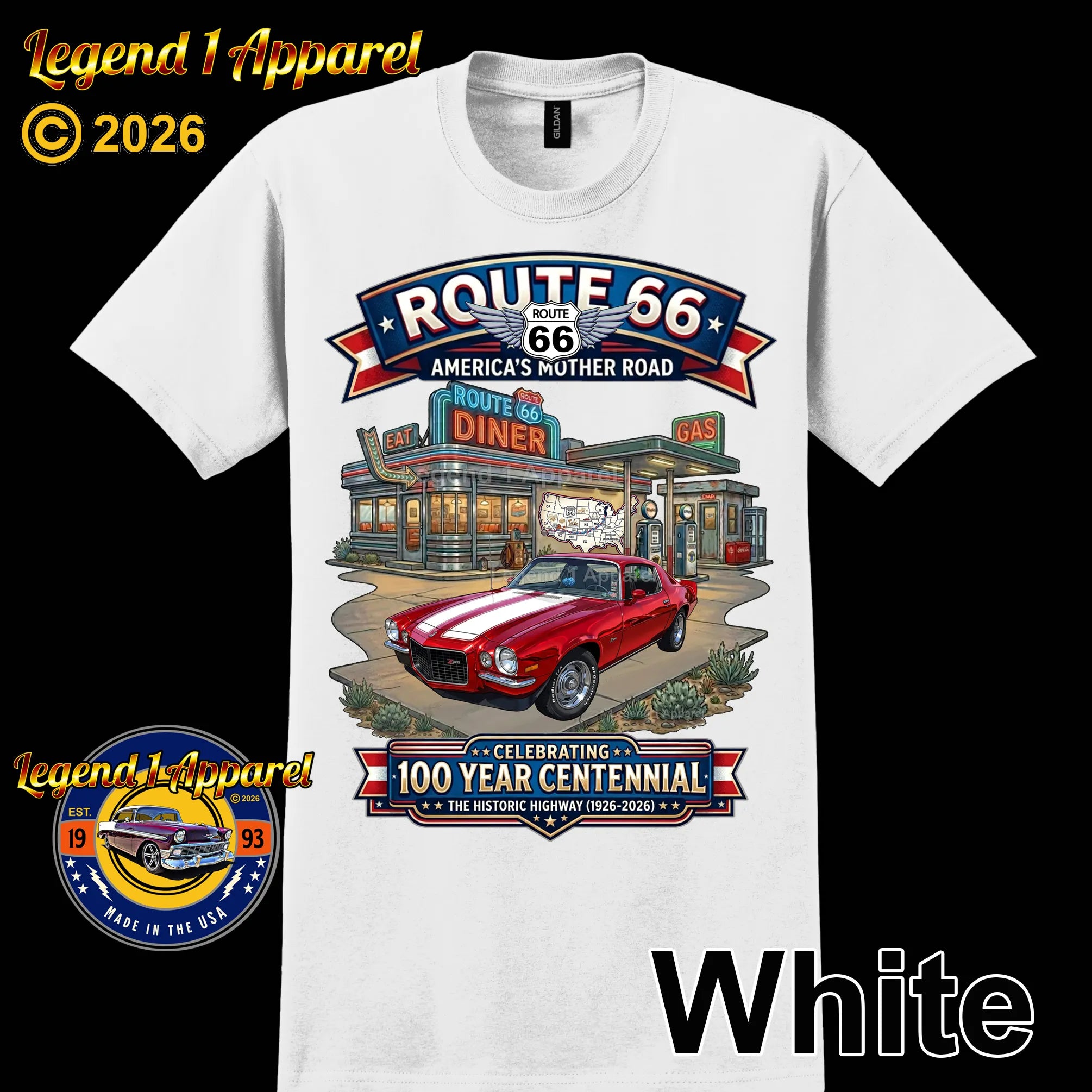 1970 Chevrolet Camaro Classic Car Graphic Tee – Route 66 Centennial T-Shirt