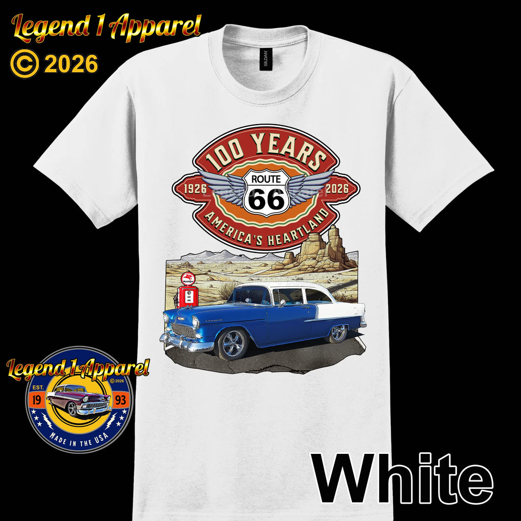 1955 Chevrolet Bel Air Coupe Classic Car Graphic Tee – Route 66 100 Years T-Shirt