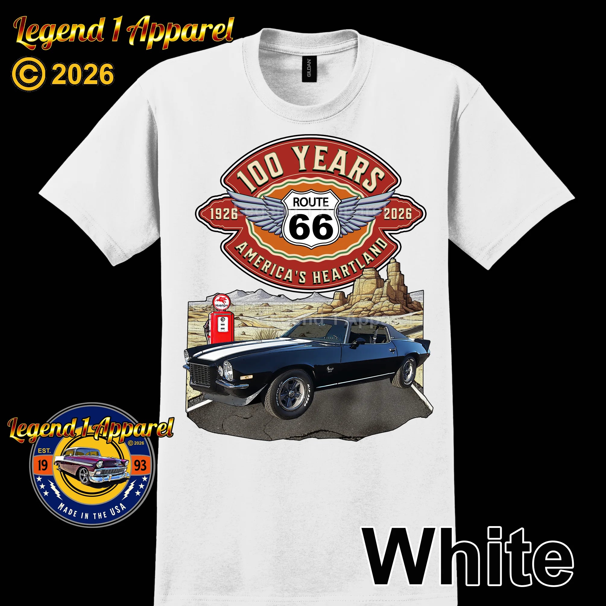 1973 Chevrolet Camaro Classic Car Graphic Tee – Route 66 100 Years T-Shirt