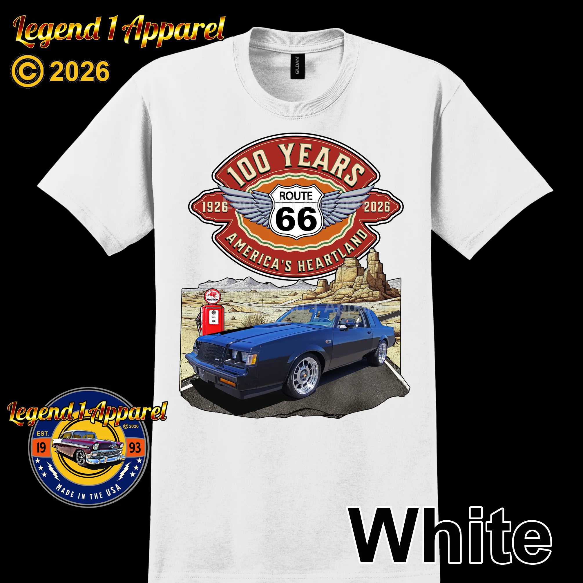 1986 Buick Grand National Classic Car Graphic Tee – Route 66 100 Years T-Shirt