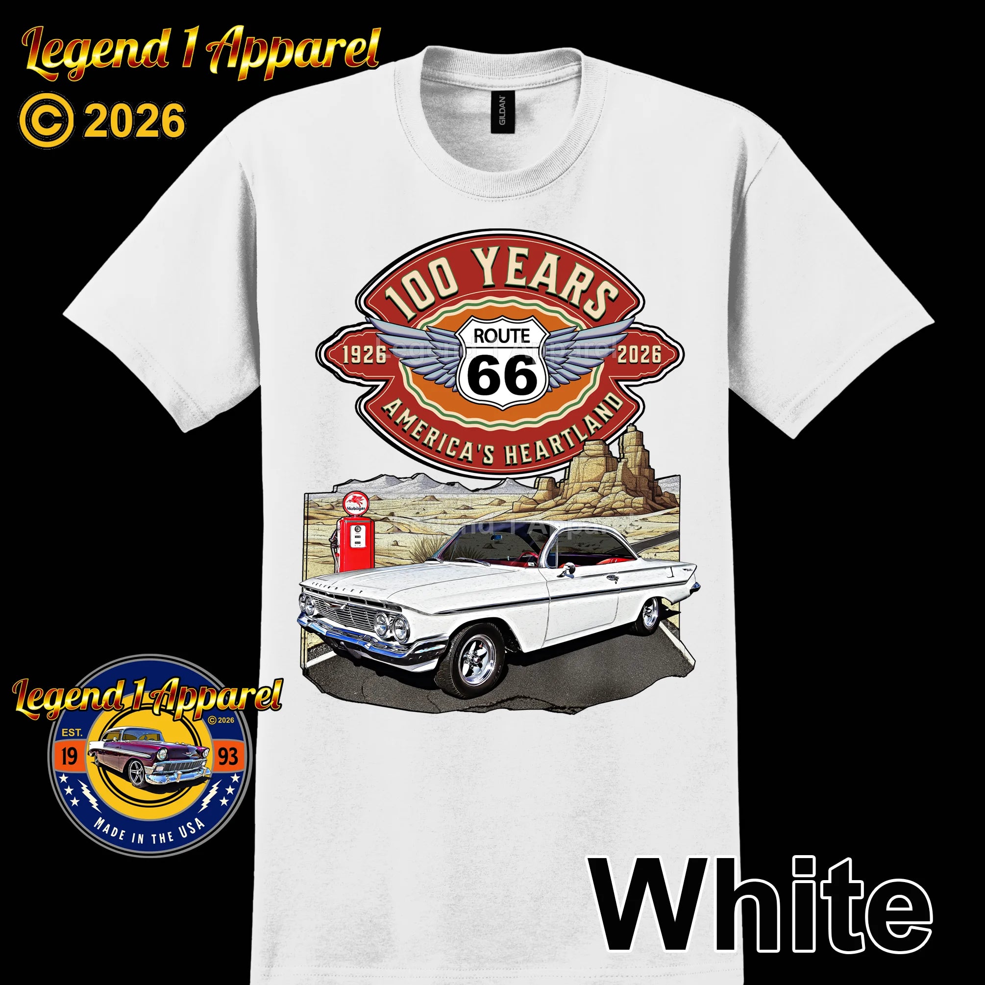 1961 Chevrolet Bel Air Bubble Top Classic Car Graphic Tee – Route 66 100 Years T-Shirt